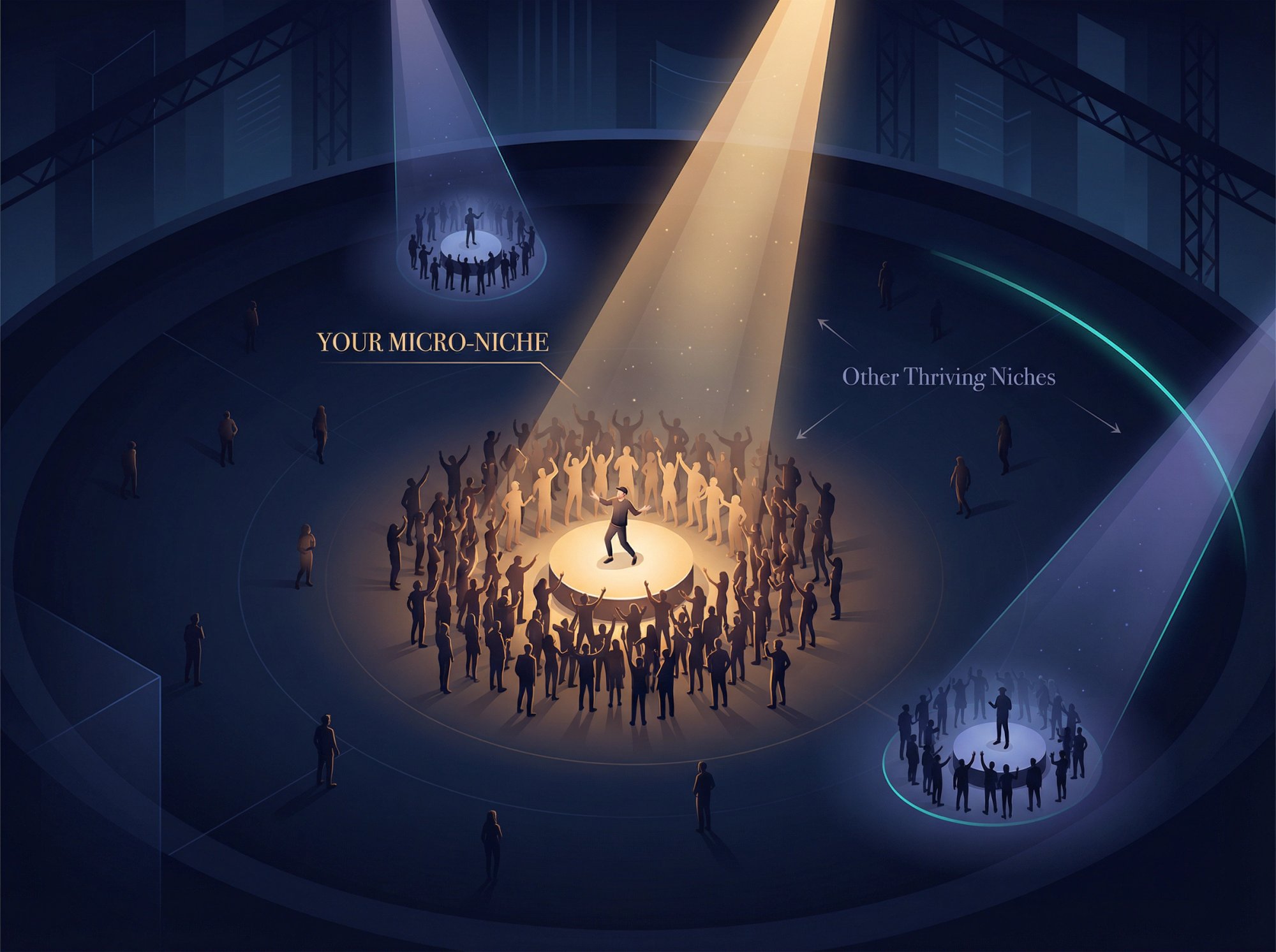 Aerial view of spotlit micro-niche stages in arena illustrating focused TikTok community strategy with engaged crowd vs scattered approach
