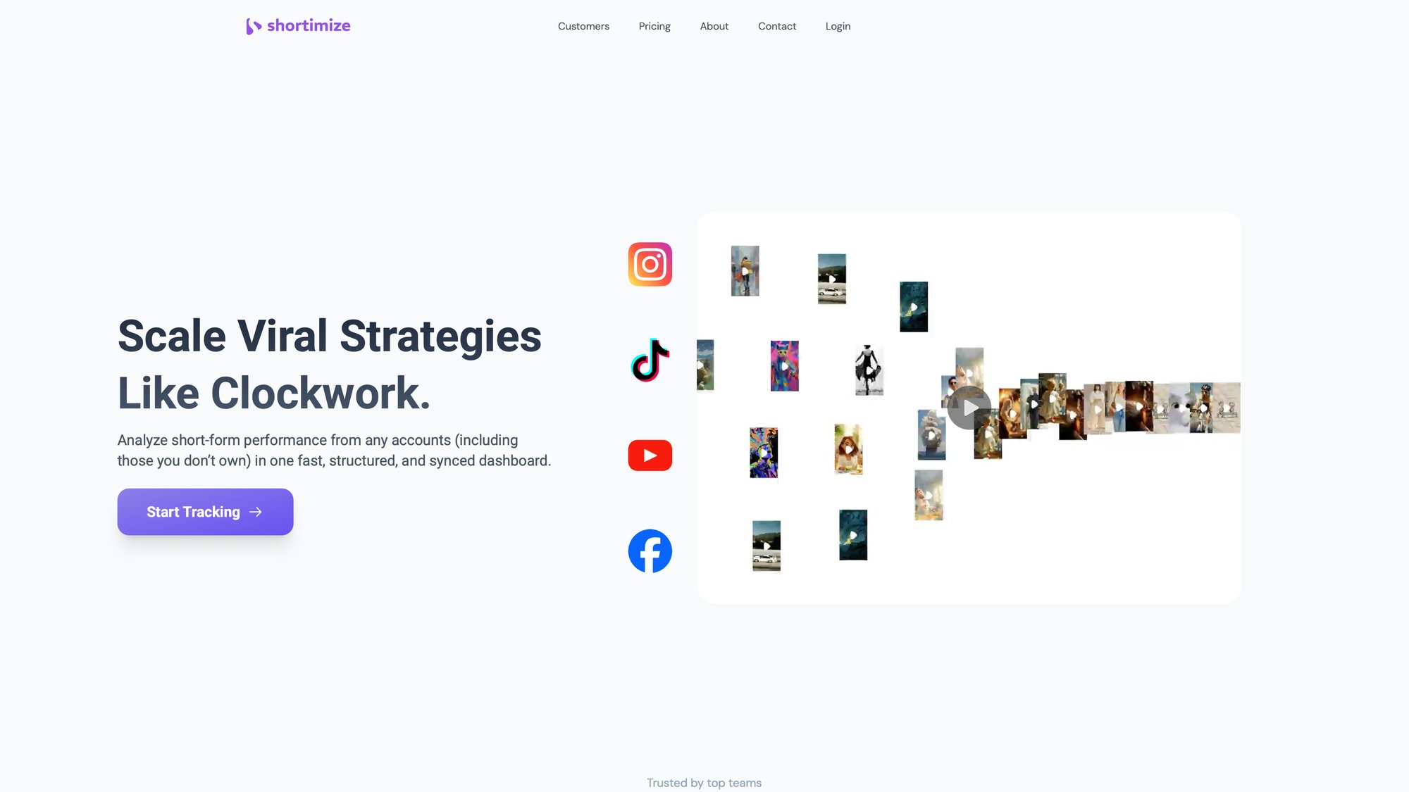 Shortimize homepage showing cross-platform short-form video analytics tracking features