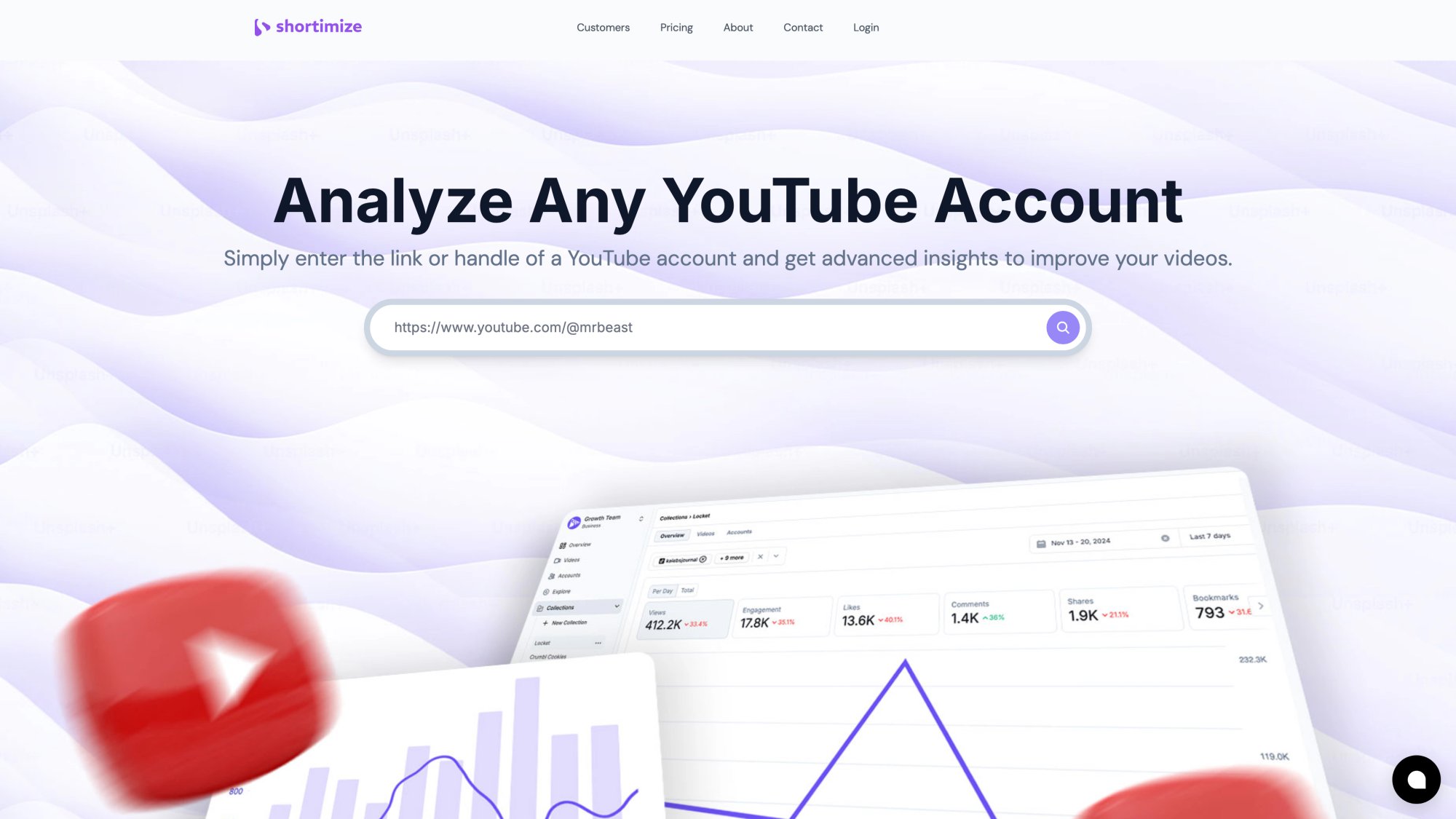 Shortimize YouTube Shorts account analyzer showing analytics input interface for performance tracking
