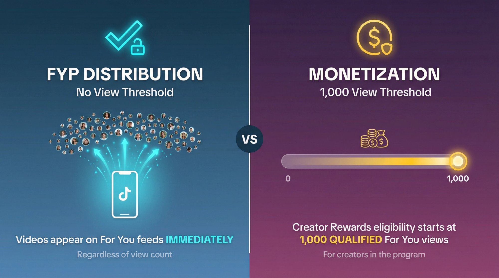 Visual comparison showing TikTok has no view threshold for FYP distribution but requires 1,000 views for monetization