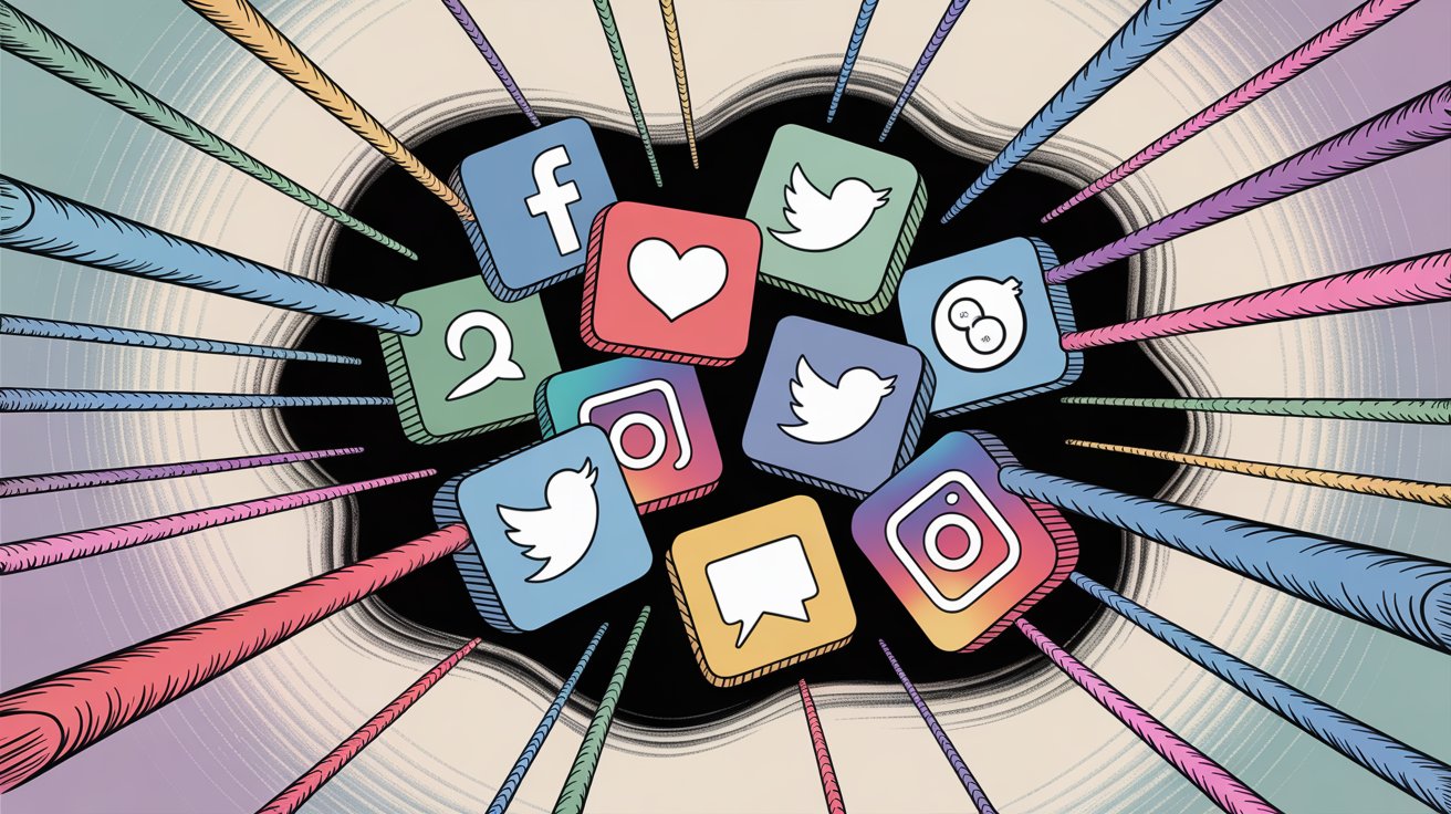 Scattered social media platform icons with chaotic radiating lines illustrating the complexity of monitoring multiple platforms manually
