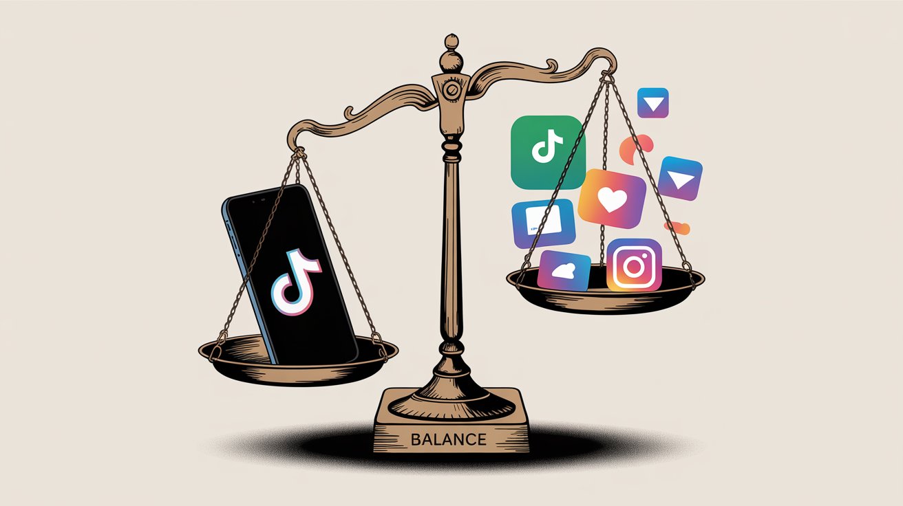 Balance scale showing TikTok phone on one side and social media engagement icons on the other, illustrating the balance between posting frequency and content quality