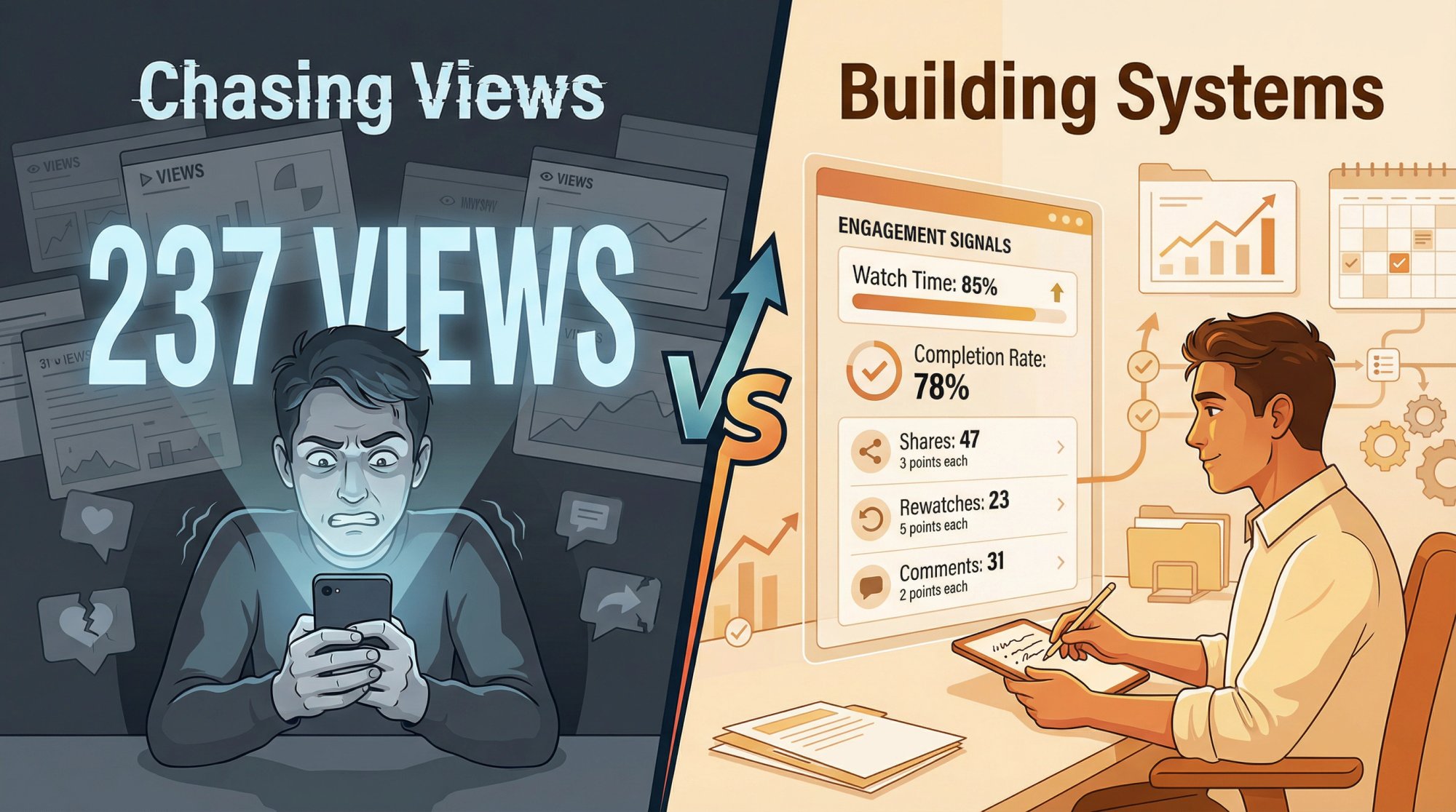 Split-screen concept contrasting obsessing over view counts vs focusing on quality engagement metrics