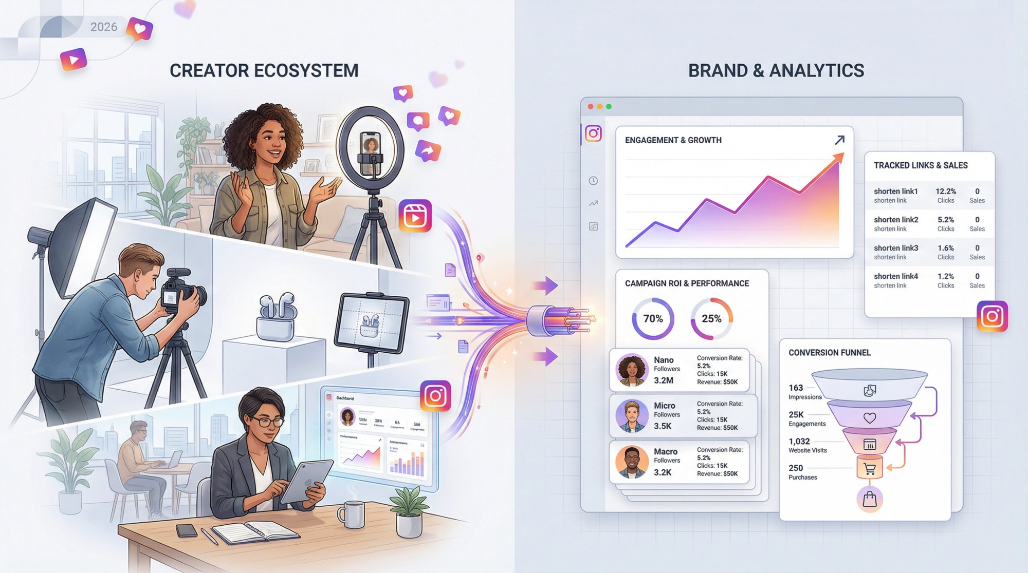 Dynamic split-screen composition showing Instagram influencer marketing ecosystem with creator content creation on one side and brand analytics dashboard on the other