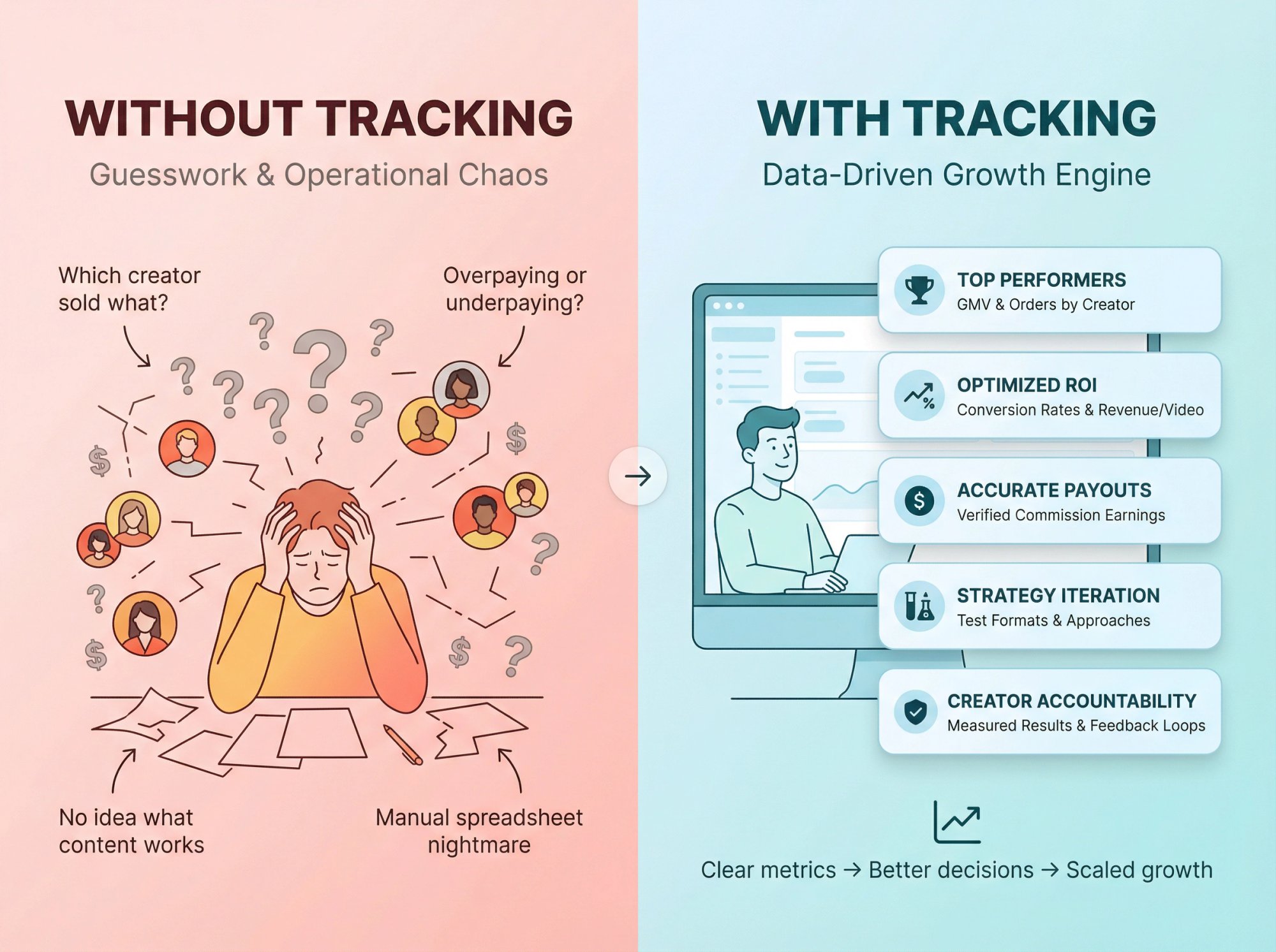Split comparison showing chaotic untracked affiliate management versus organized data-driven tracking system