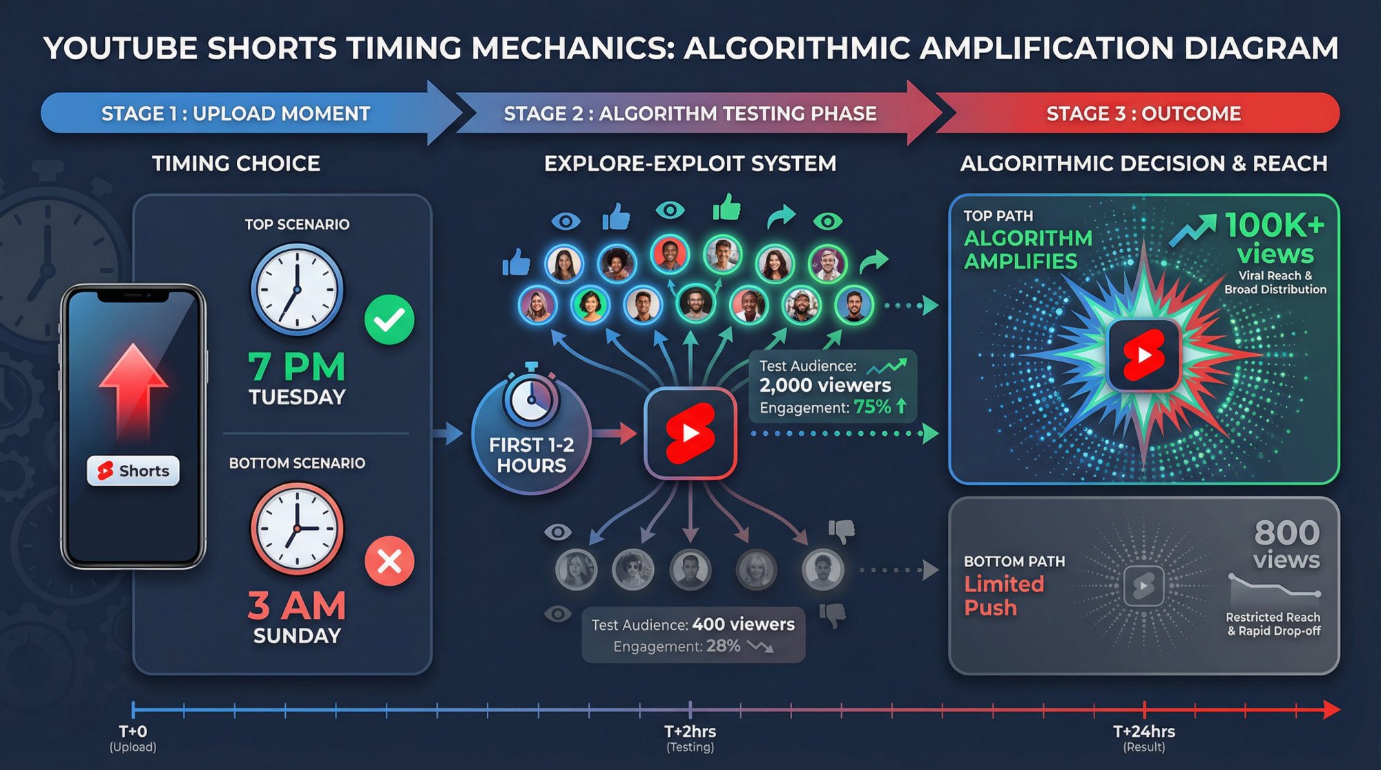 Visual diagram showing YouTube Shorts algorithm testing flow from upload to viral explosion based on posting timing