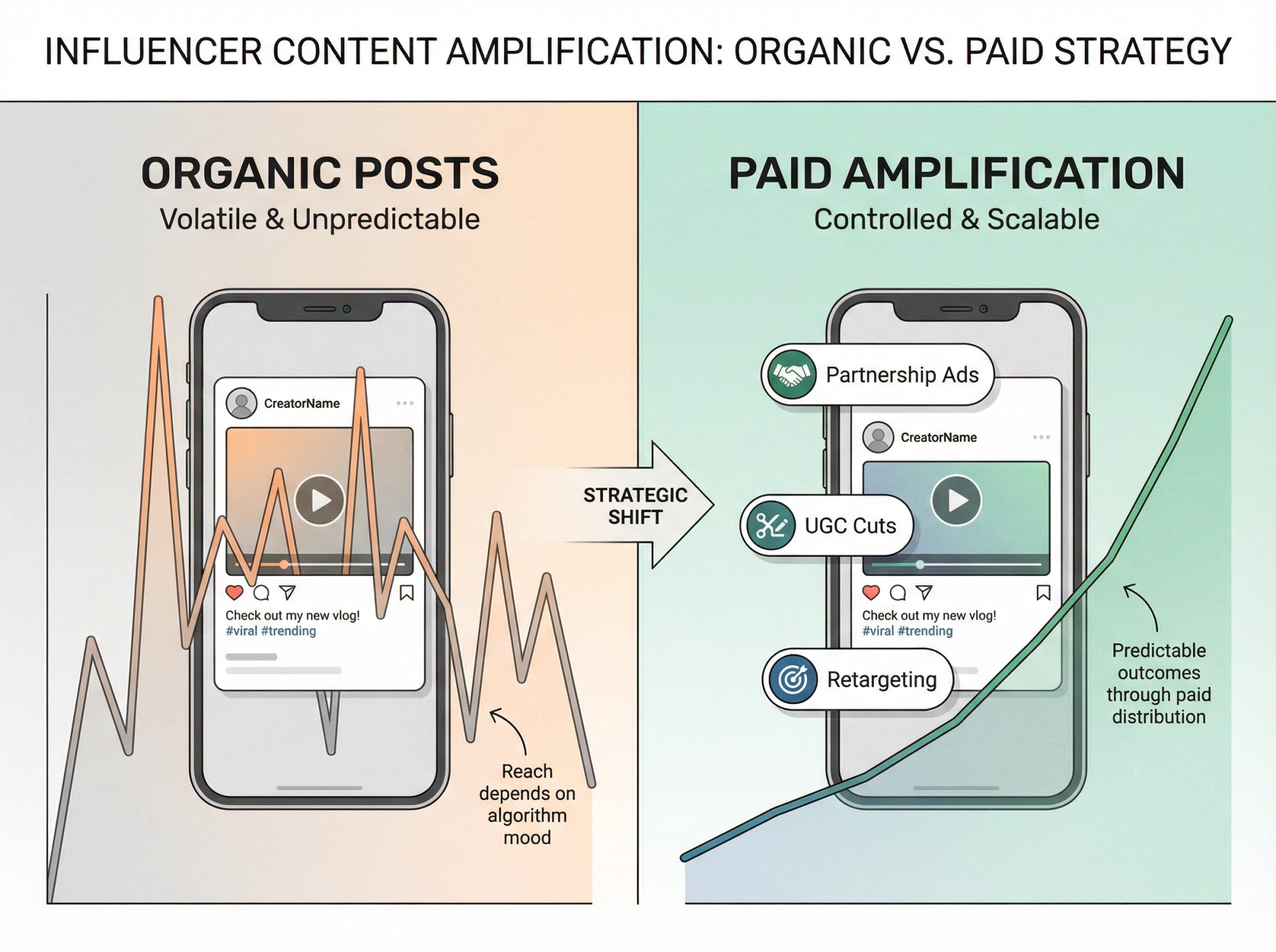 Split comparison showing organic influencer content volatility versus predictable paid amplification performance