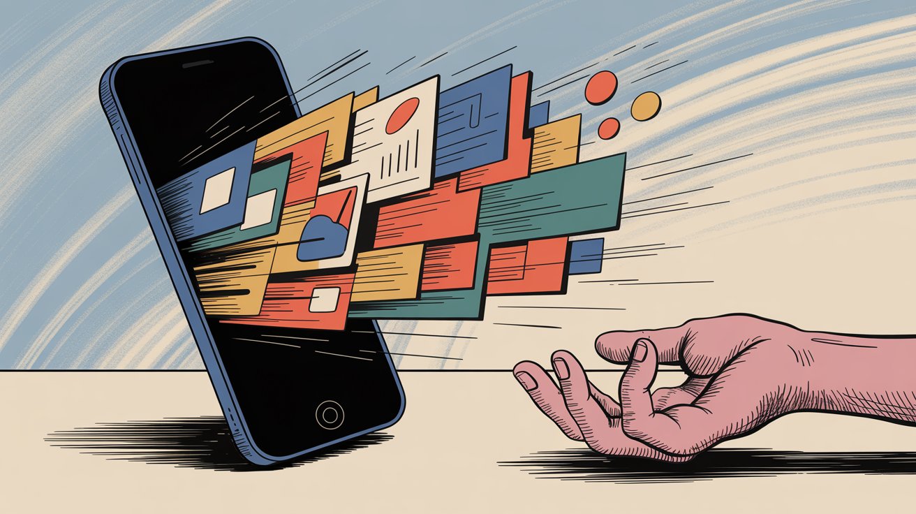 Hand reaching toward smartphone with colorful Instagram Reels content bursting from screen in dynamic motion