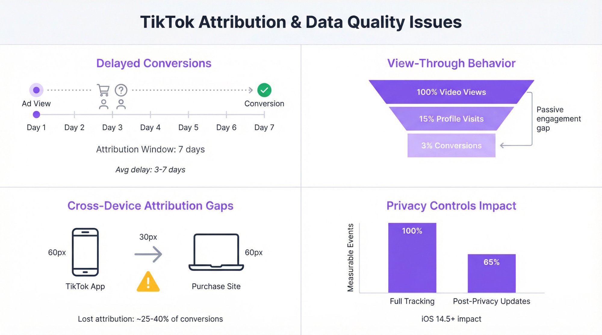 Dashboard showing TikTok attribution challenges with delayed conversions, cross-device gaps, and privacy controls