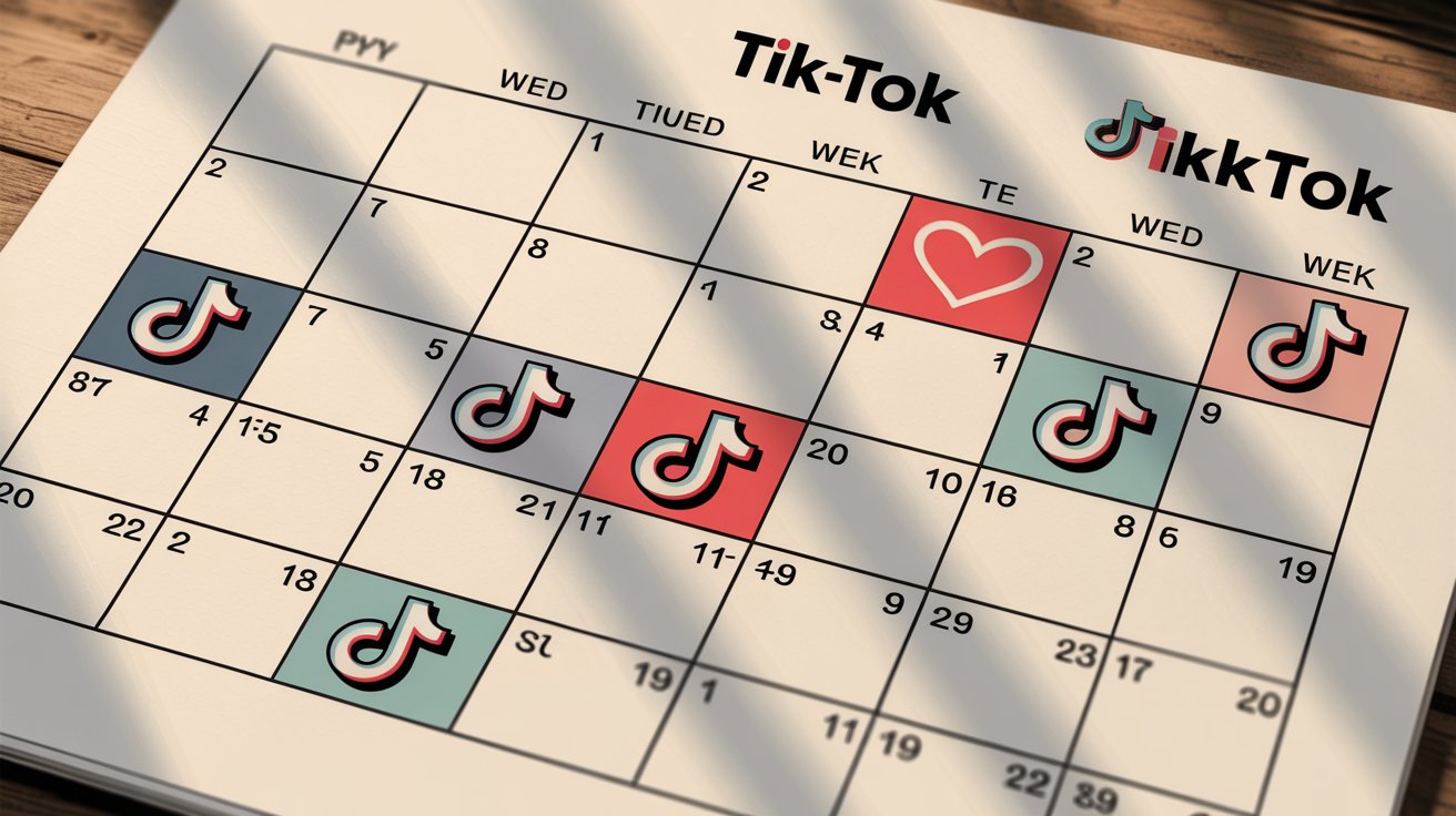 Weekly calendar grid showing TikTok logo markers distributed throughout the week, illustrating optimal posting frequency of 2-5 times per week