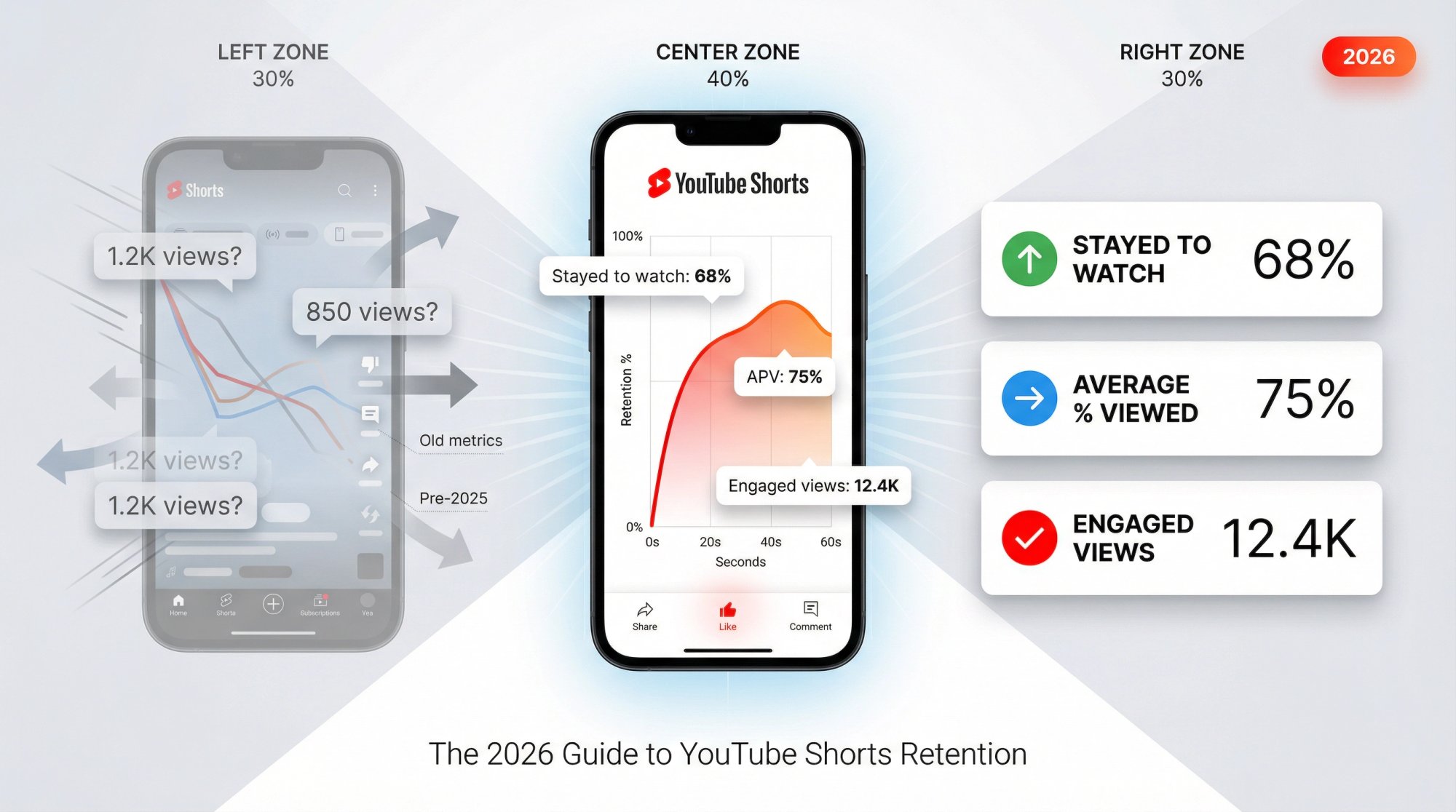Split-screen editorial illustration showing YouTube Shorts retention evolution from confusion to clarity in 2026