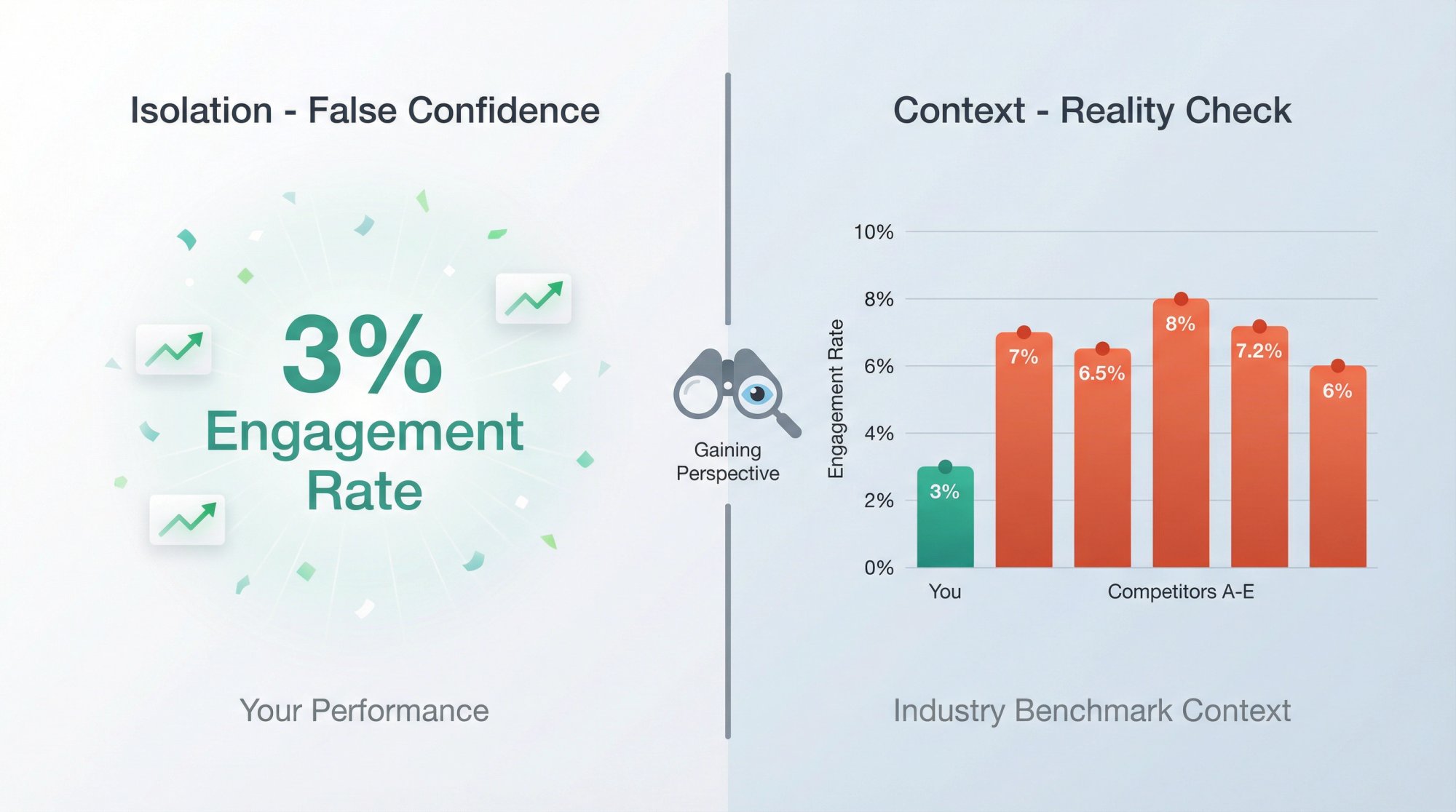 Split-screen illustration showing how a 3% engagement rate looks successful in isolation but reveals underperformance when benchmarked against competitors averaging 7%