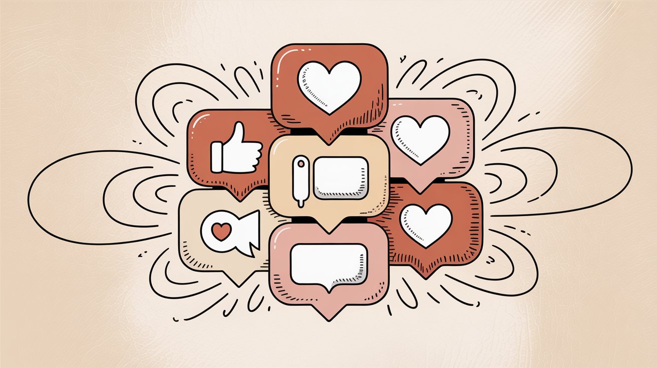 Social media engagement symbols including hearts likes comments and shares radiating with energy