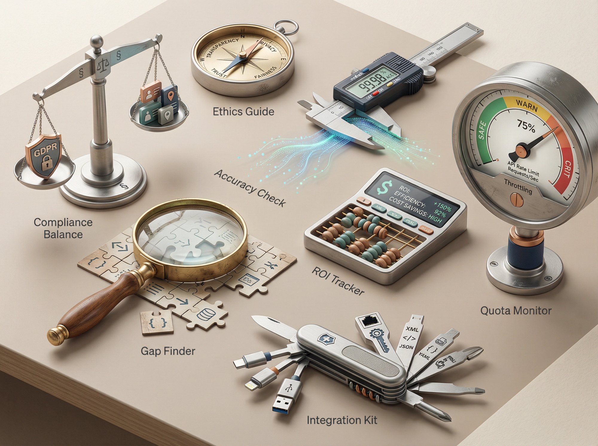 Professional API implementation toolkit showing seven specialized tools for solving common challenges