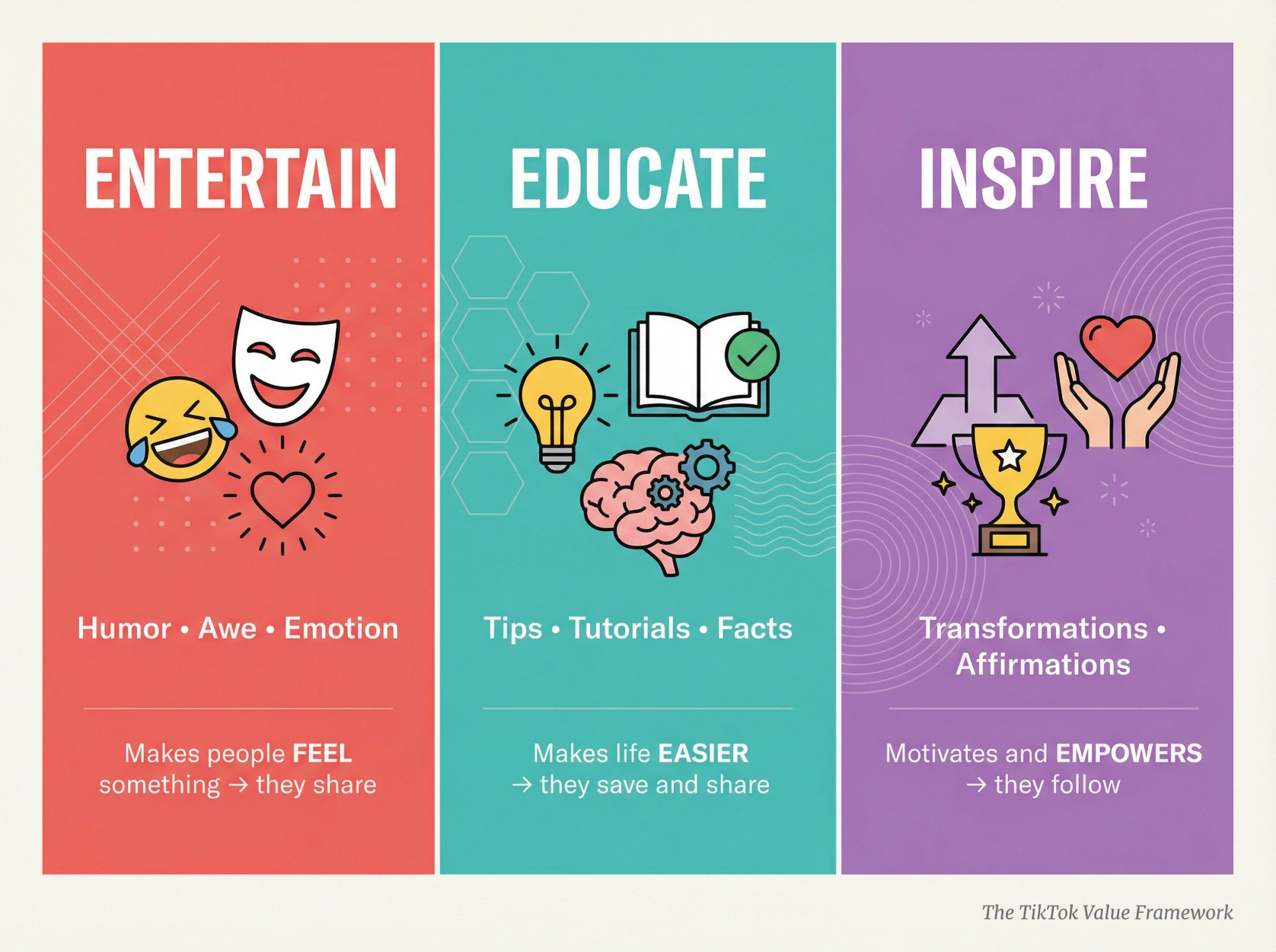 Three-pillar TikTok value framework showing Entertain, Educate, and Inspire categories with visual examples