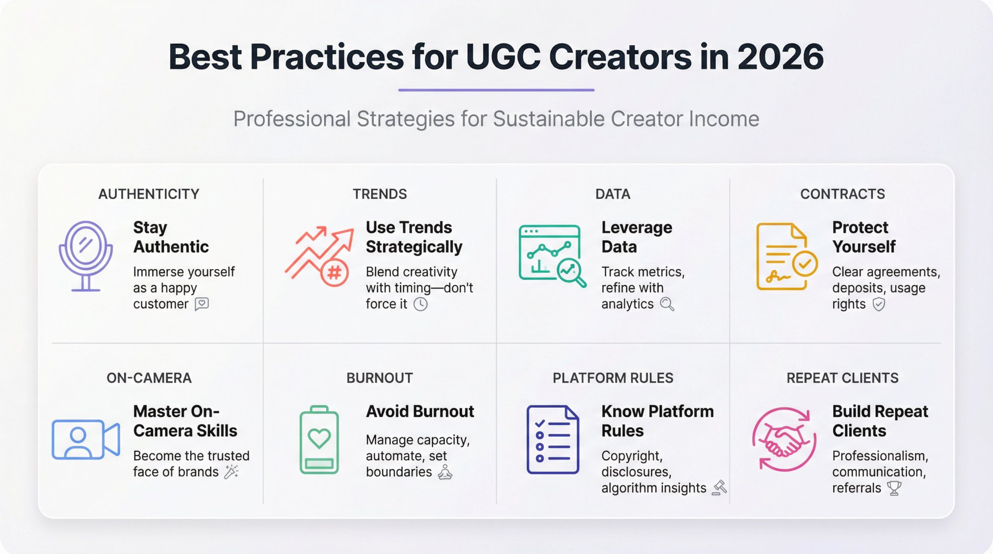 Professional infographic showing 8 strategic best practices for sustainable UGC creator success in 2026
