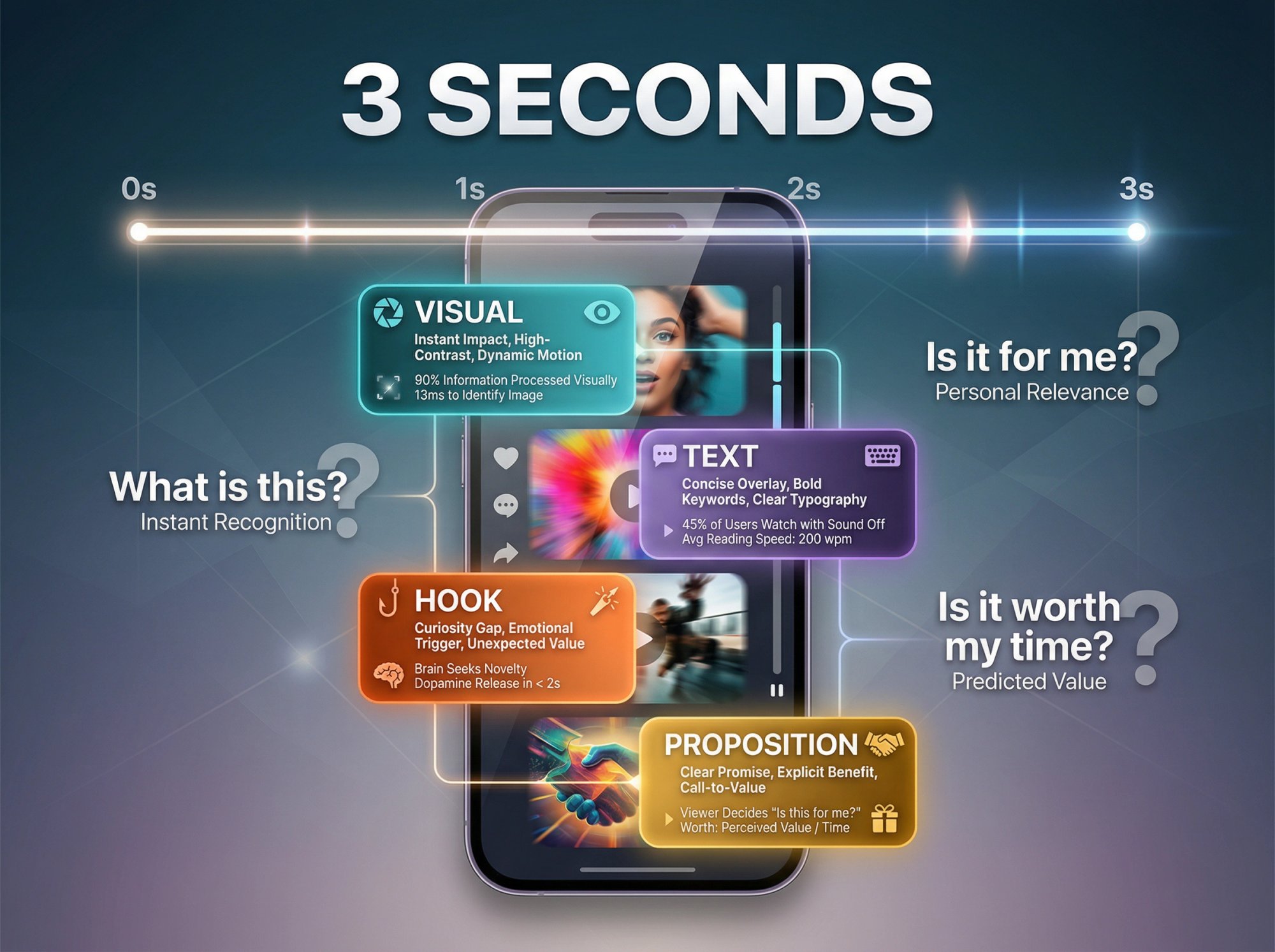 Visual breakdown of the critical 3-second window showing layered information that must load during TikTok's hook proposition timing