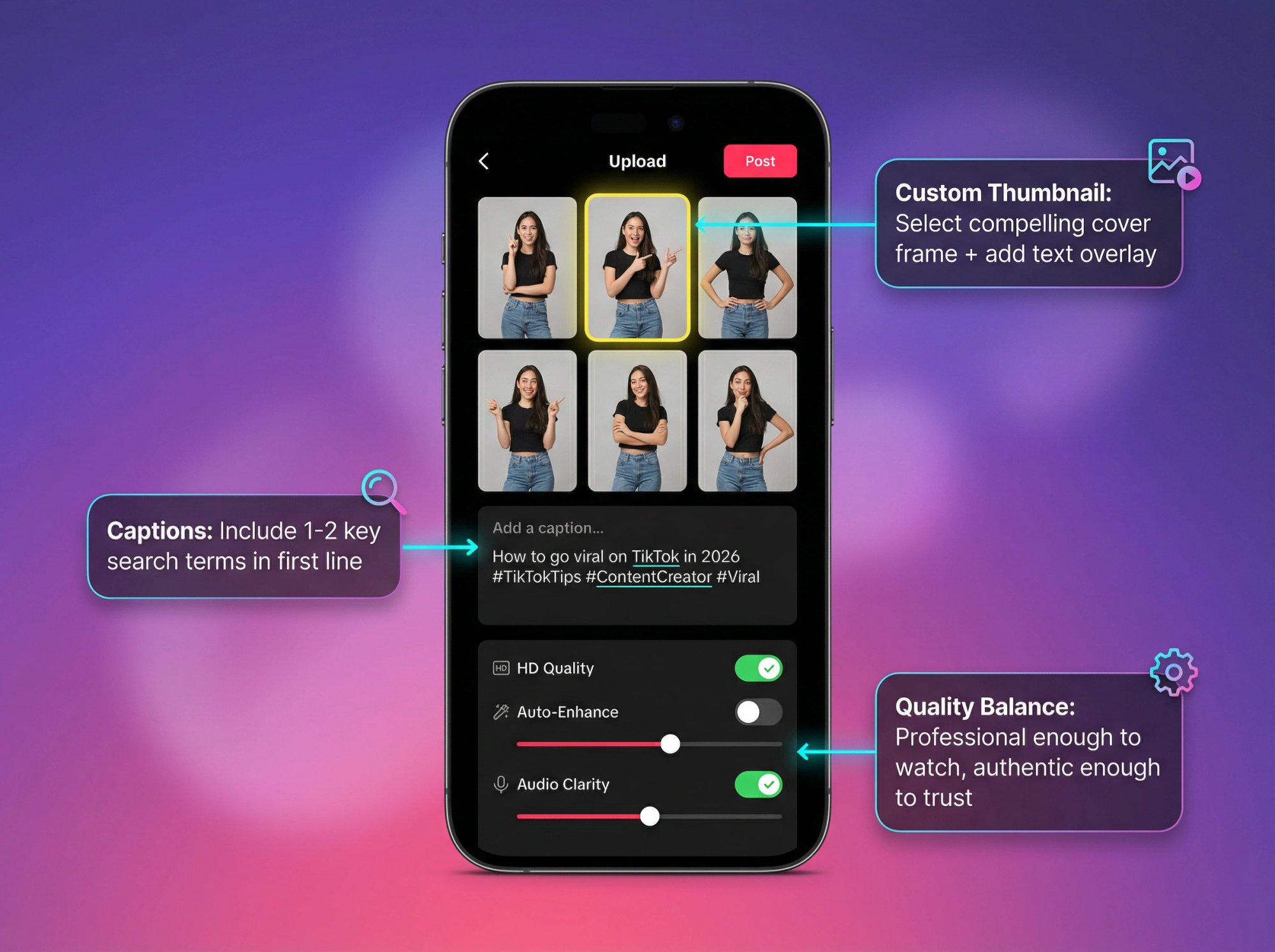 TikTok video optimization interface showing custom thumbnail selection, caption field, and quality settings with strategic annotations