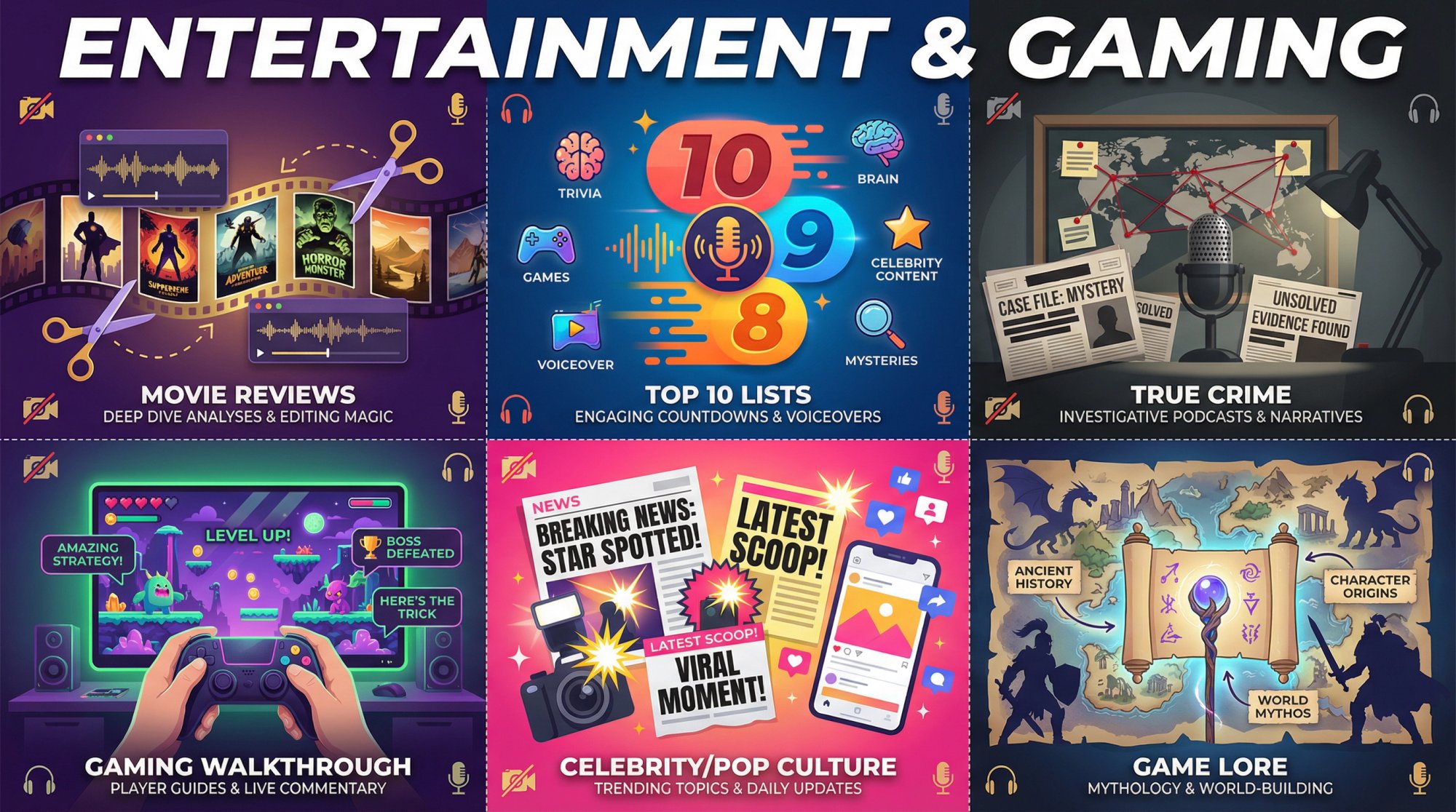 Vibrant split-screen editorial illustration showing diverse entertainment and gaming content creation niches