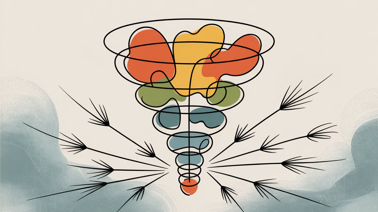 Funnel diagram showing hashtag strategy from broad reach at top narrowing to niche targeting at bottom with arrows radiating outward