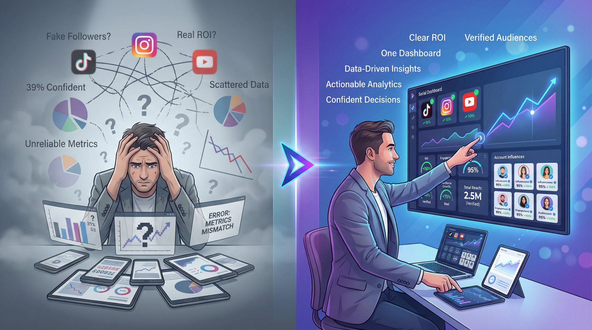 Split-screen editorial illustration showing transformation from confused influencer marketing chaos to confident data-driven decision making