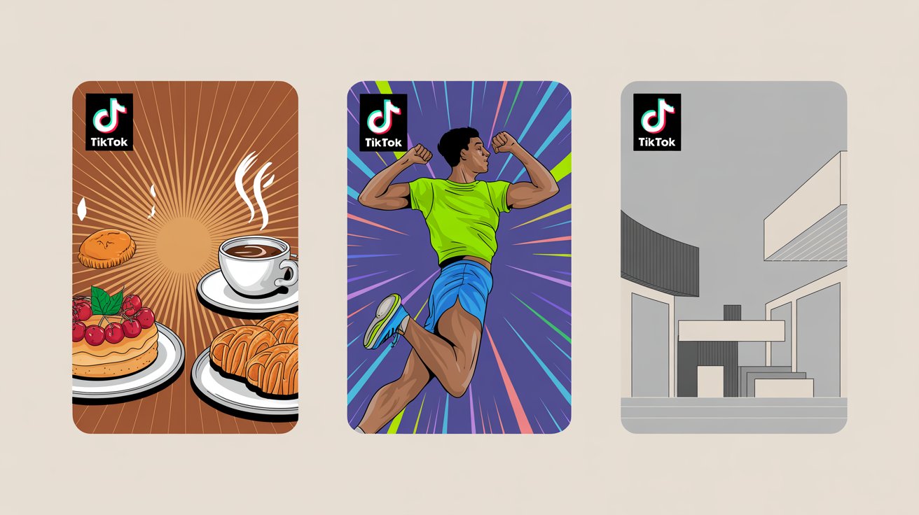 Three TikTok cards showing food, fitness, and business content differentiation