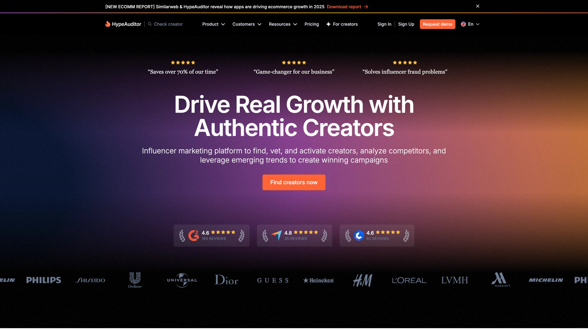 HypeAuditor homepage featuring fraud detection tools and influencer audience quality analysis