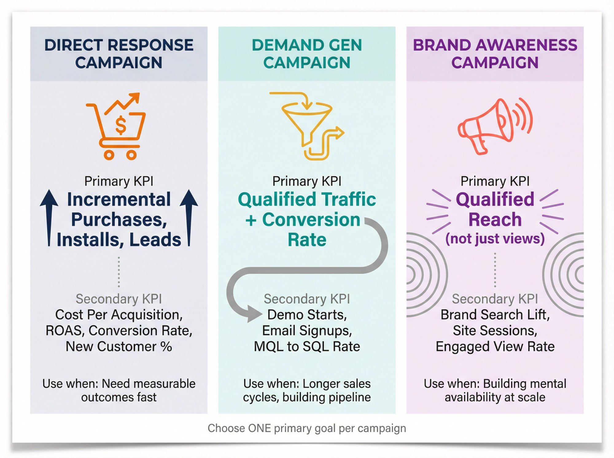 Three-column comparison showing Direct Response, Demand Gen, and Brand Awareness campaign frameworks with primary and secondary KPIs