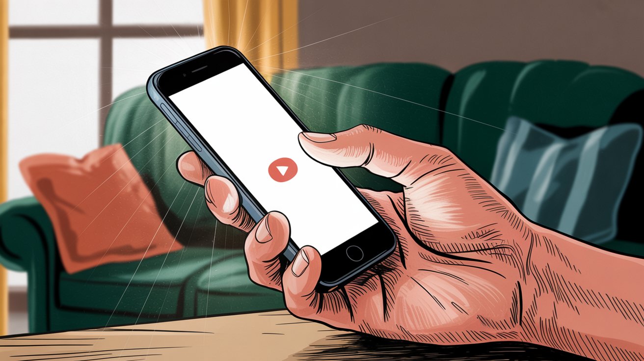 Hand holding smartphone displaying video content with play button on screen