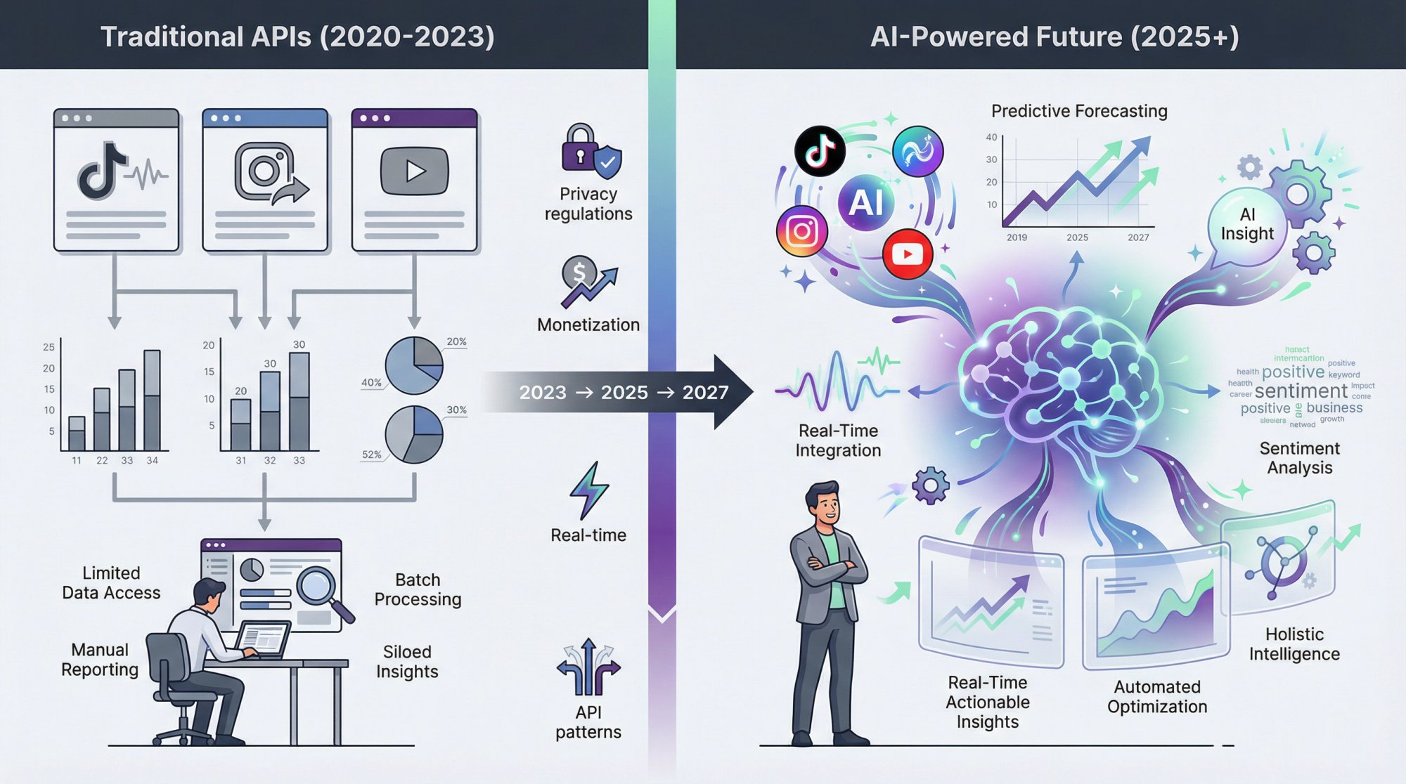 Visual evolution showing the transformation from traditional social media APIs to AI-powered predictive analytics systems