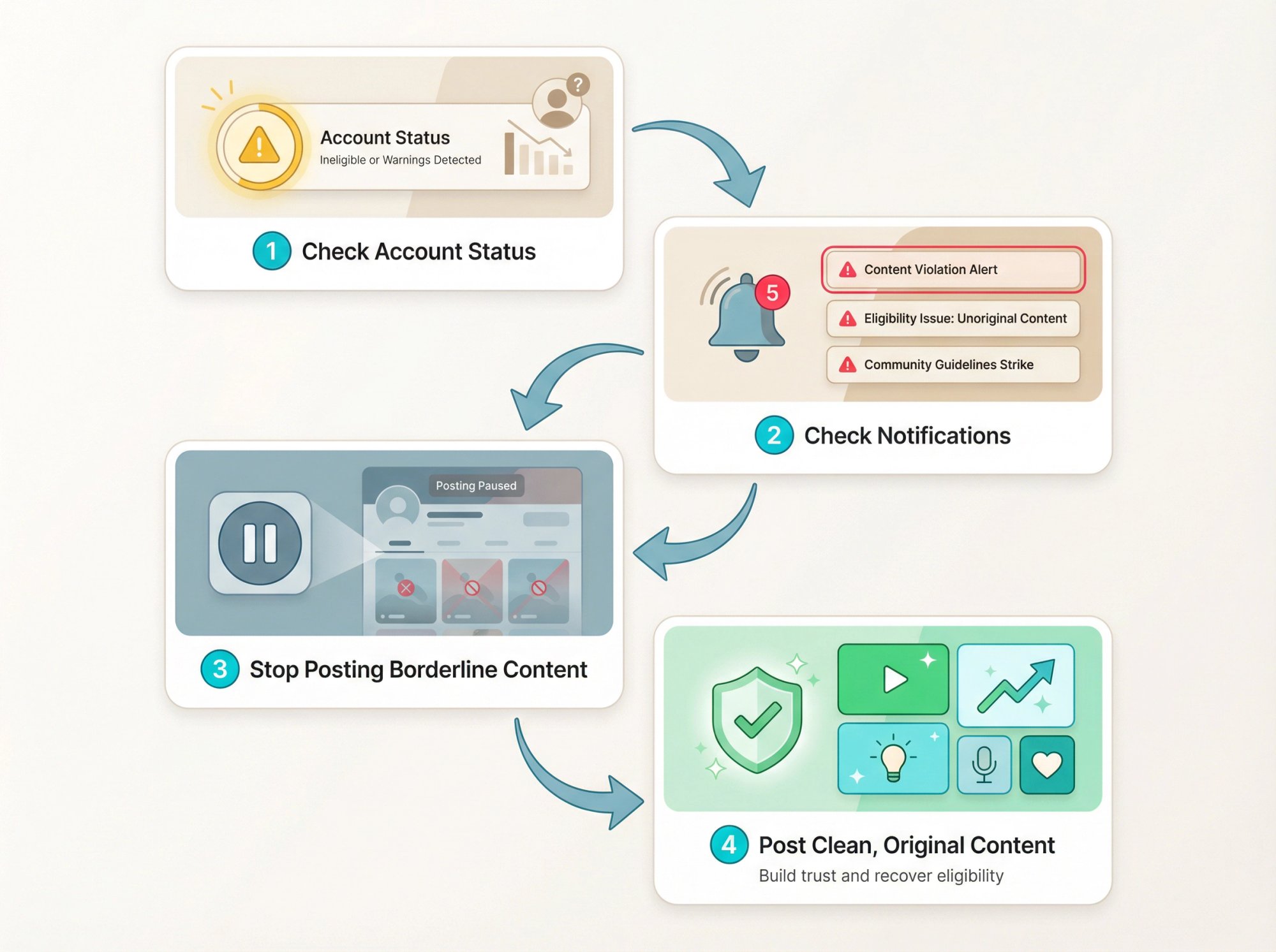 4-step TikTok account eligibility recovery roadmap showing account status check, notification review, content pause, and trust rebuild