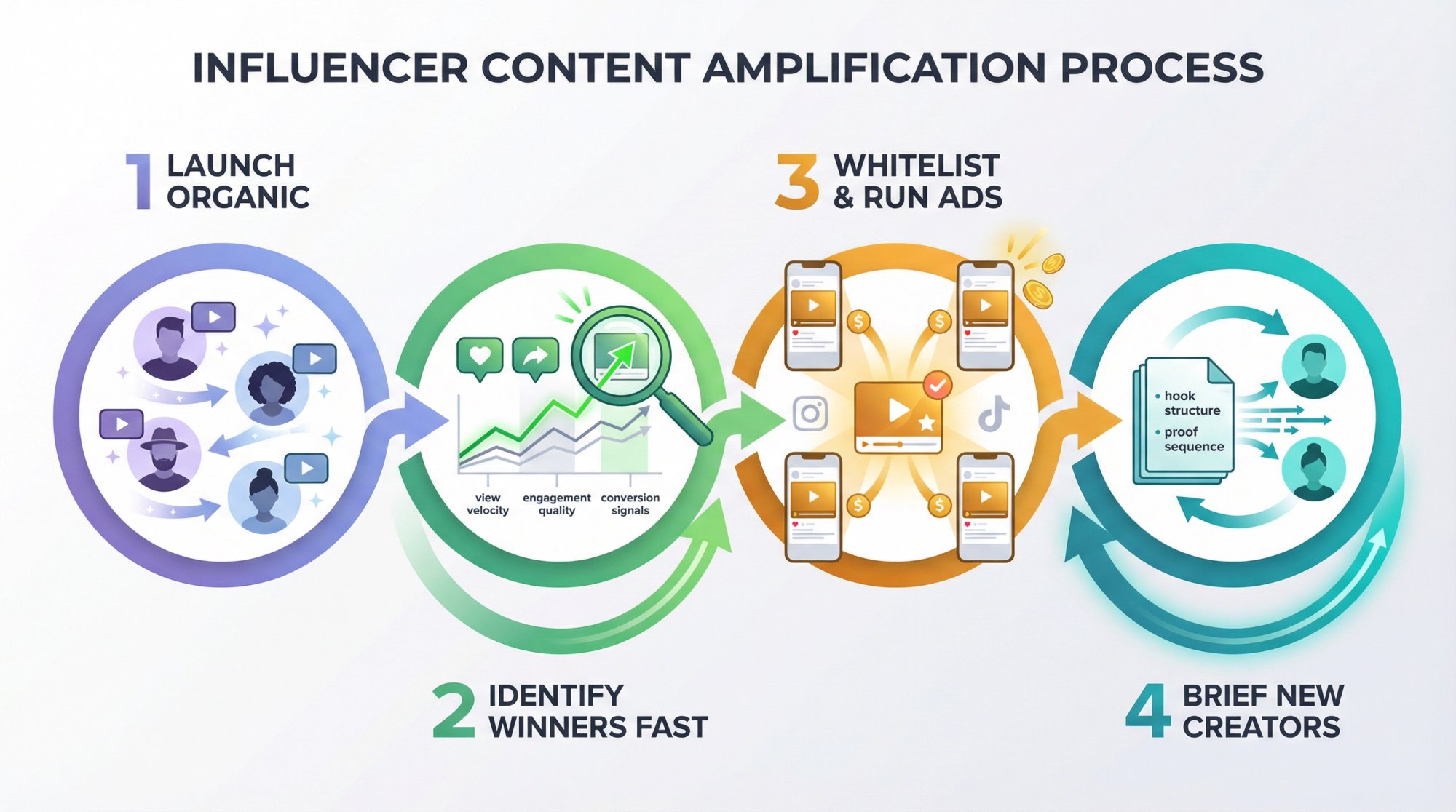Four-step influencer content amplification workflow from organic launch to paid ads scaling
