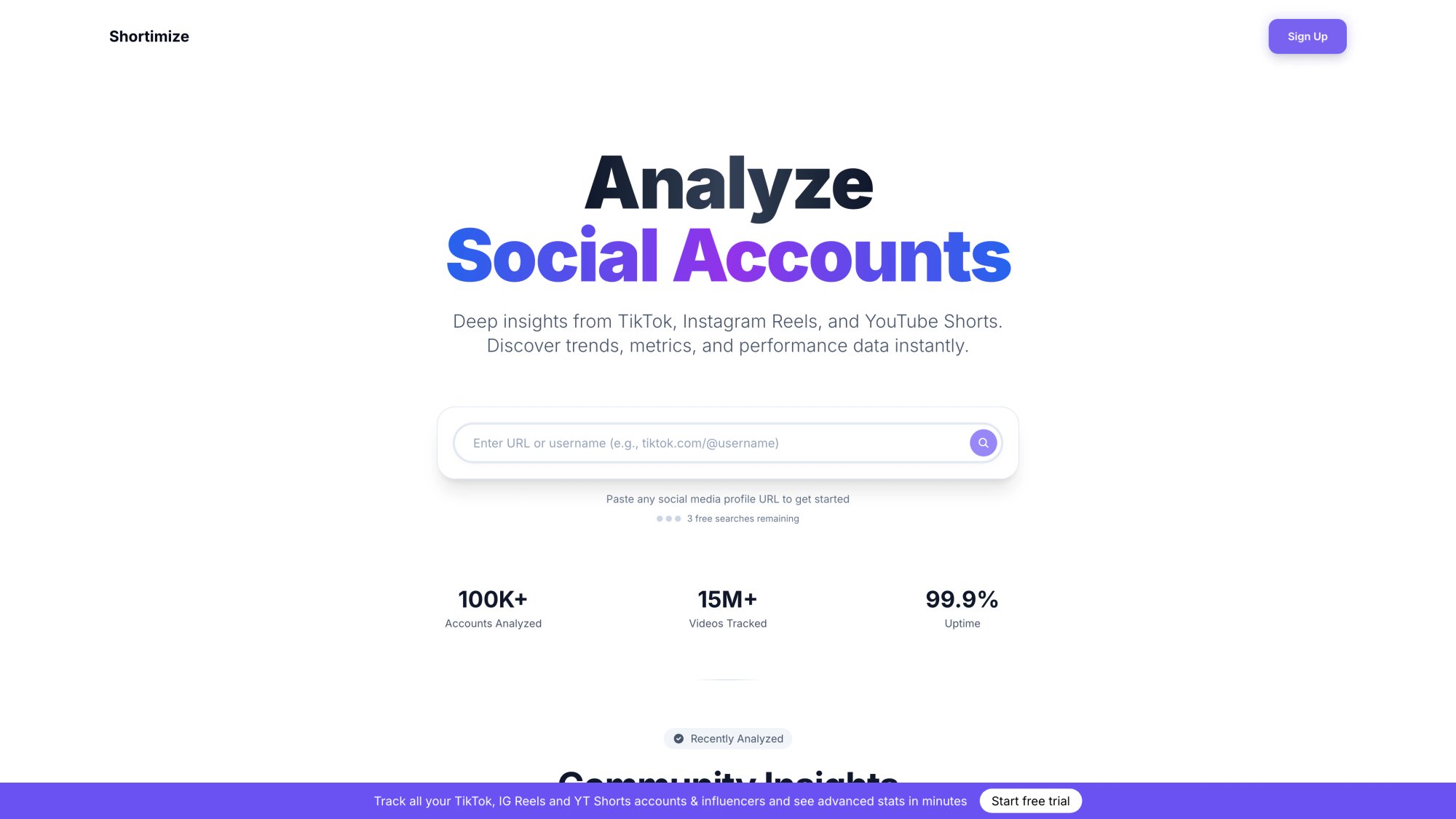 Shortimize analytics dashboard showing video-level tracking across TikTok, Reels, and Shorts with engagement metrics
