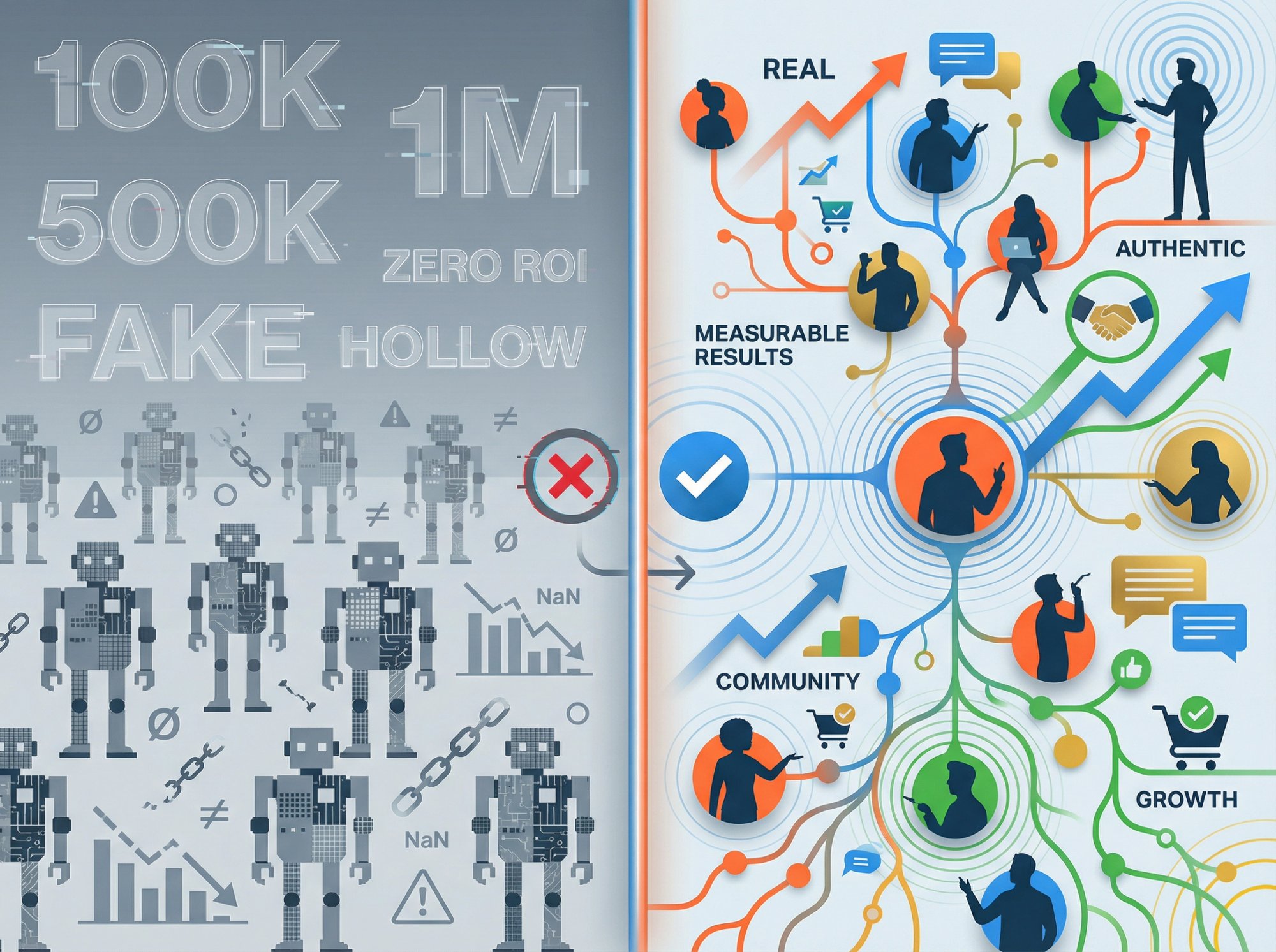 Split composition contrasting hollow fake engagement metrics with authentic audience connection and real business results
