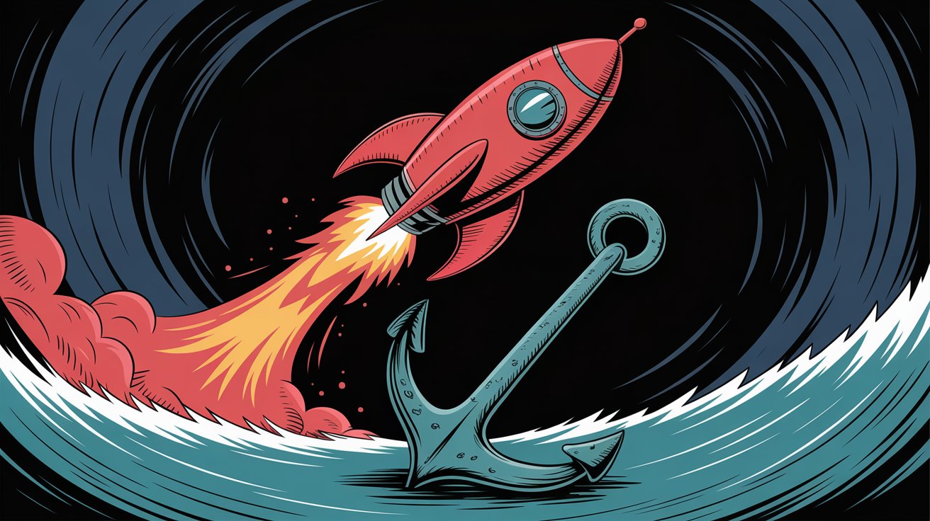 Social media content shown as rocket launching into viral success contrasted with anchor sinking representing failed content - illustrating the frustration of competitive analysis gaps