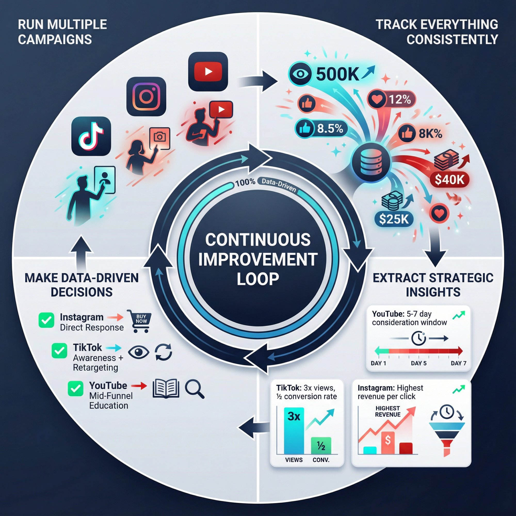 Circular diagram showing the continuous improvement loop for multi-campaign influencer marketing data analysis