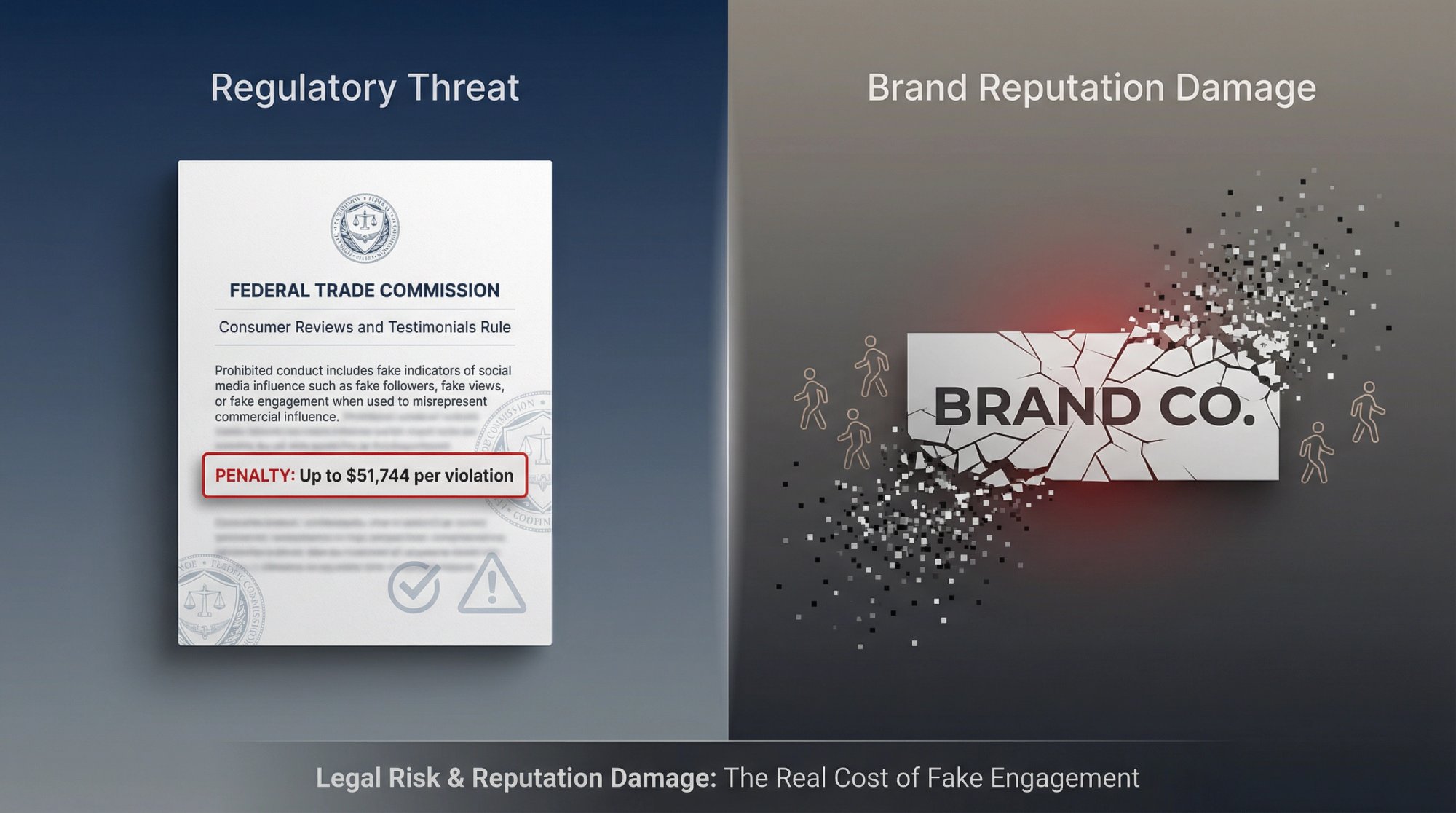 Split-screen editorial illustration showing FTC regulatory document with $51,744 penalty alongside damaged brand reputation visual
