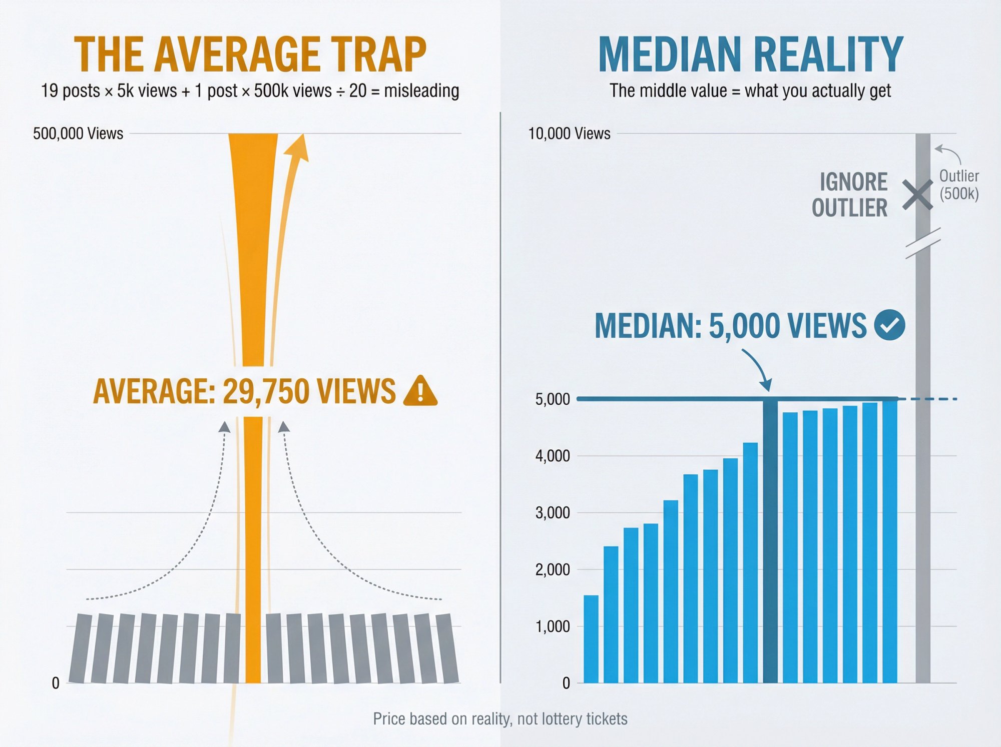 Split-panel infographic comparing misleading average views (29.7k inflated by viral outlier) vs honest median views (5k typical performance)