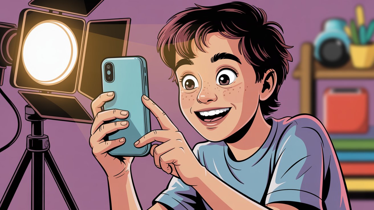 Content creator filming engaging TikTok video with smartphone showing creative quality production