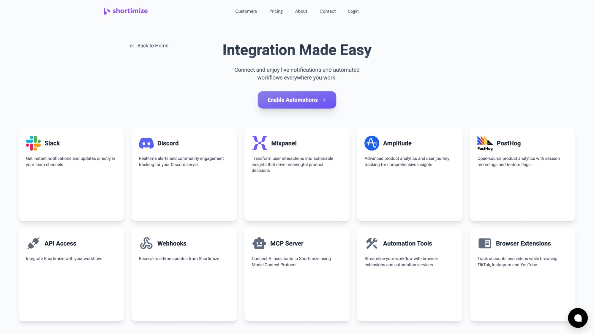 Shortimize integrations page showing native connections to Mixpanel, Amplitude, and PostHog product analytics platforms