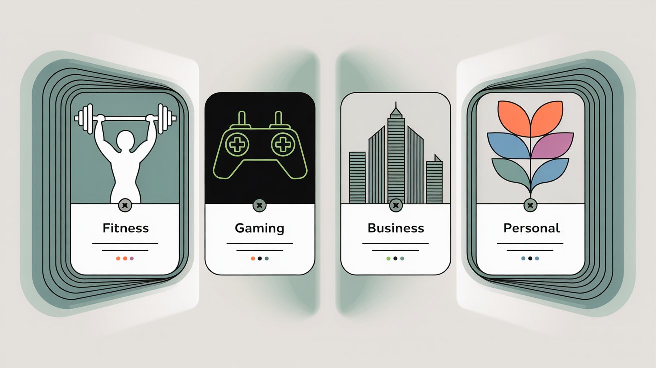 Four distinct TikTok profile cards showing niche separation strategy—Fitness, Gaming, Business, and Personal accounts