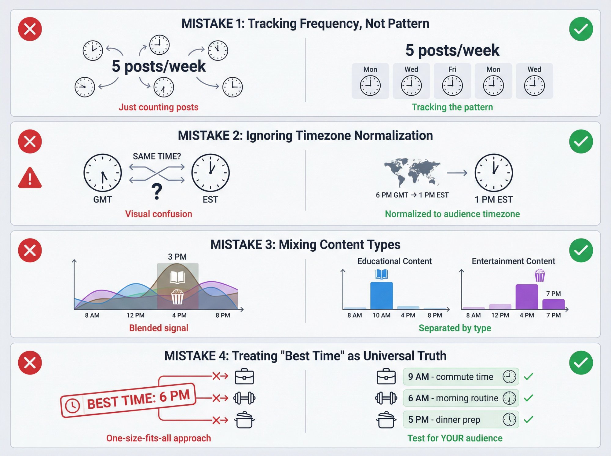 Four-panel diagnostic grid showing common competitor timing analysis mistakes with before-after examples