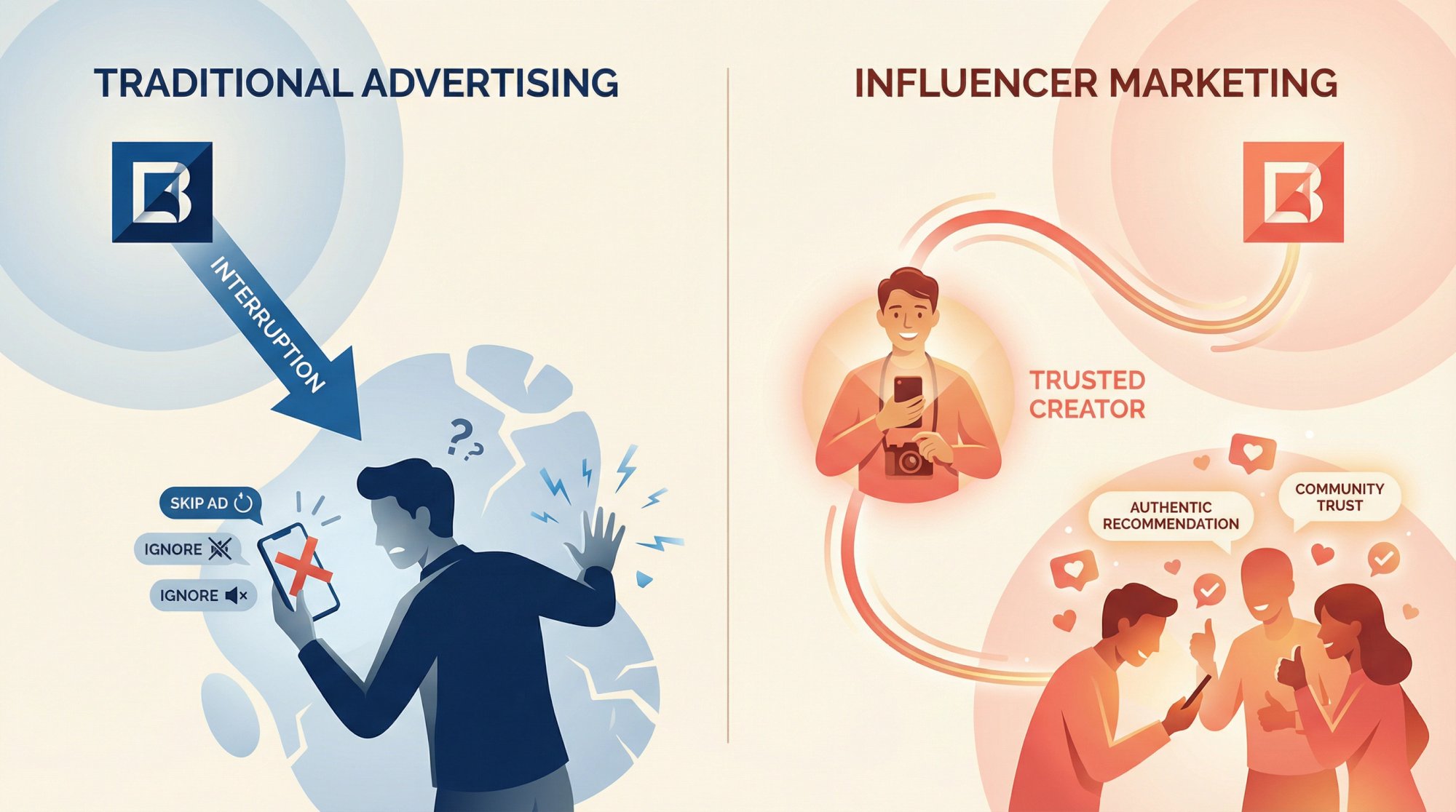 Visual comparison showing traditional advertising versus influencer marketing trust transfer mechanism