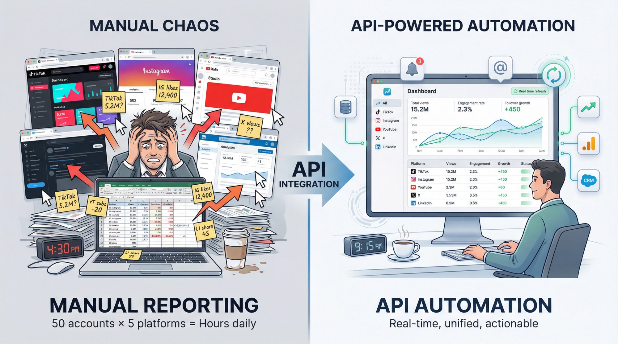 Split comparison showing manual social media reporting chaos versus automated API-powered workflow efficiency