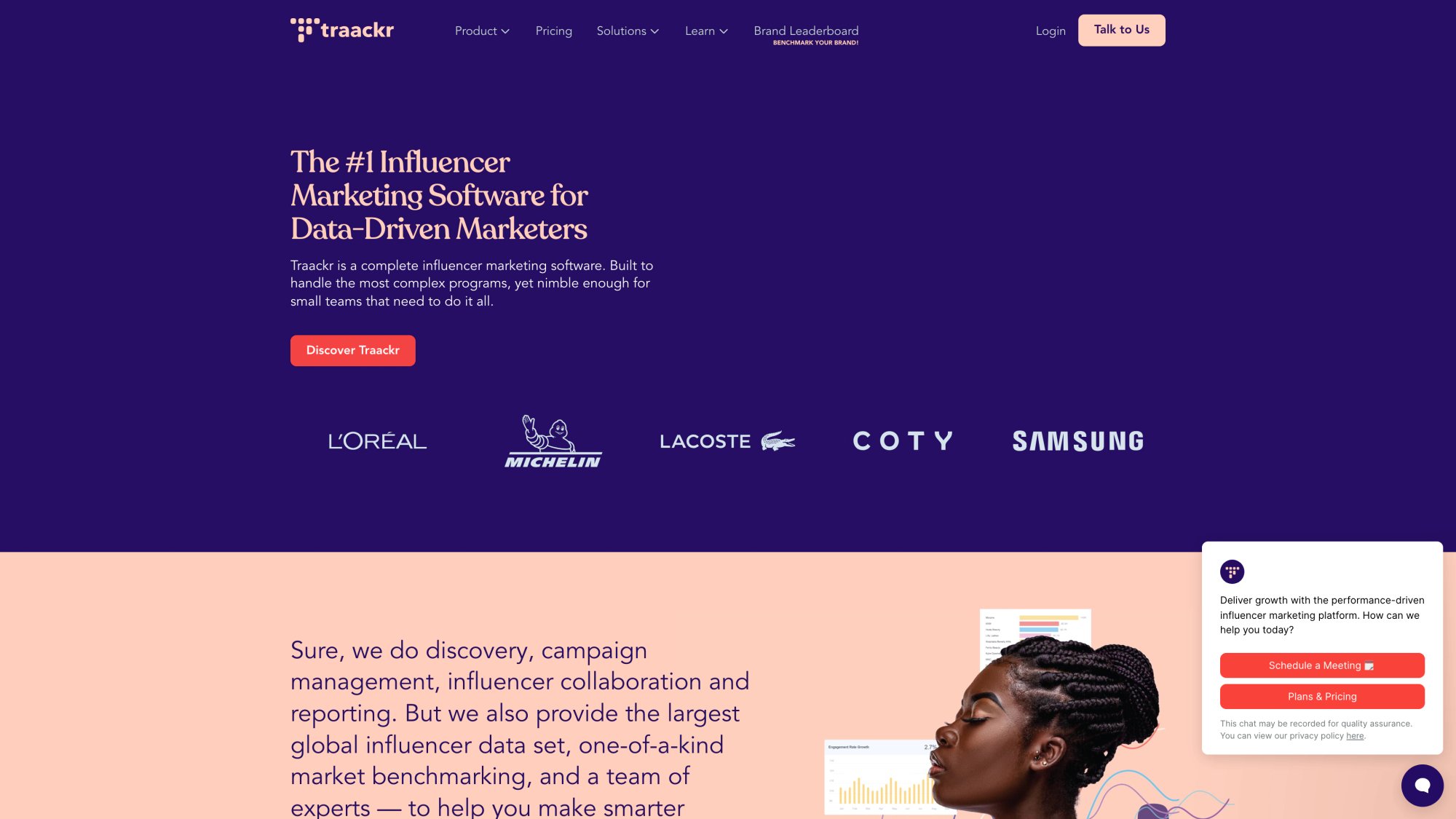 Traackr homepage highlighting enterprise influencer marketing platform with competitive intelligence features