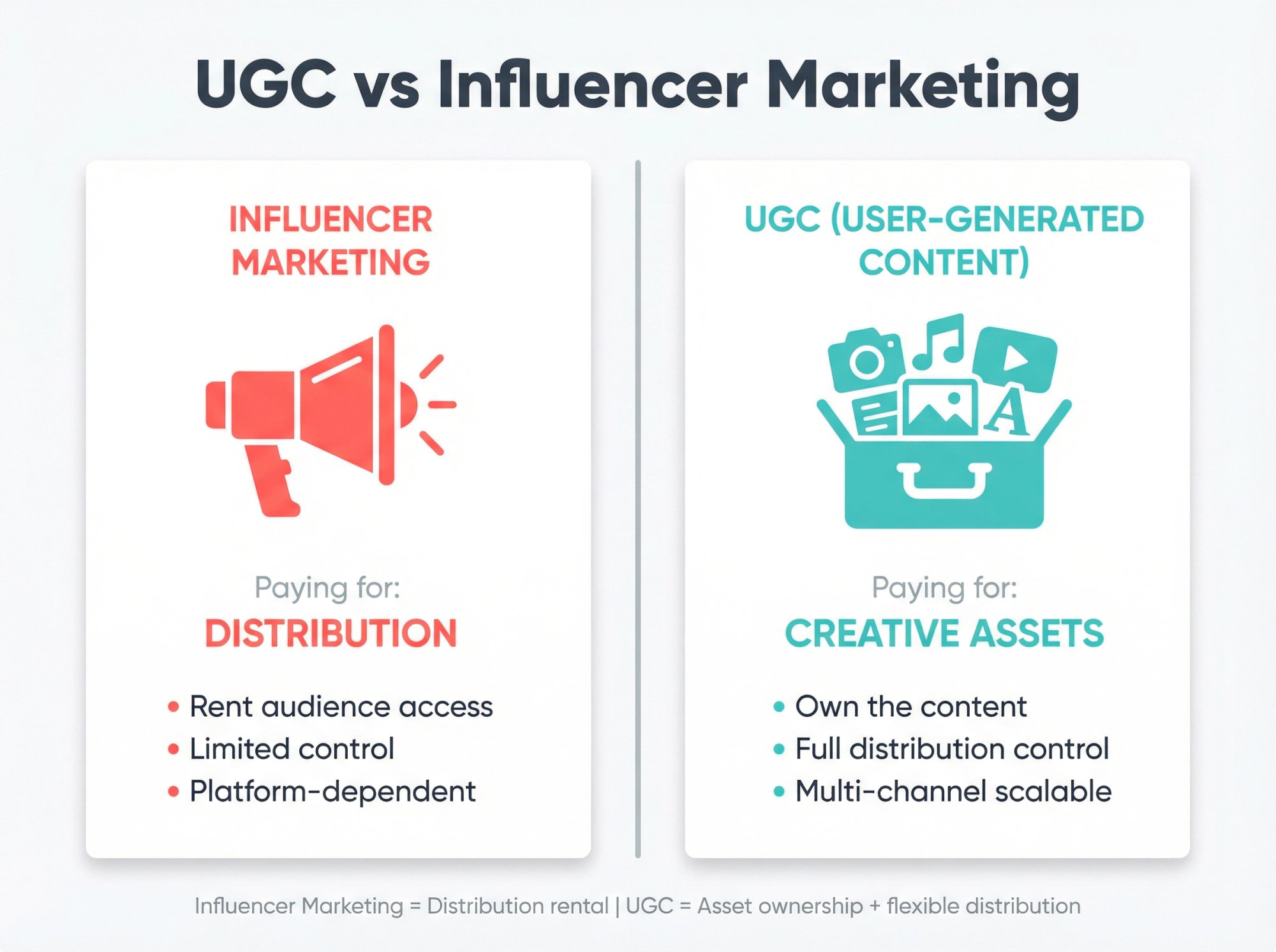 Split comparison showing influencer marketing (paying for audience distribution) vs UGC marketing (paying for creative assets with owned distribution)