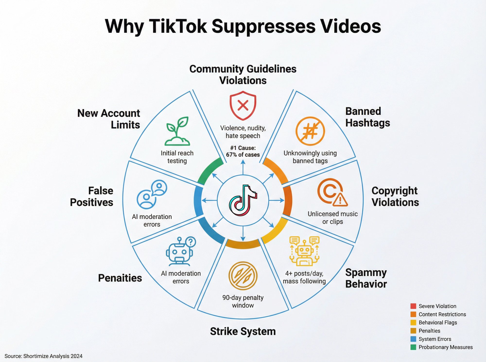 Visual breakdown of 7 major TikTok suppression triggers including guidelines violations, banned hashtags, and spam behavior