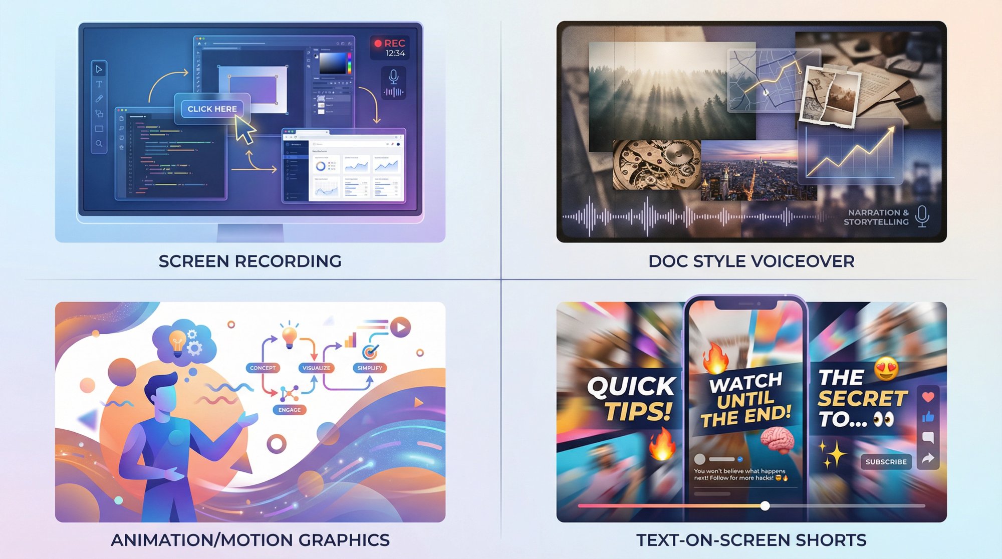 Visual comparison of 4 faceless YouTube formats: screen recording, documentary voiceover, animation, and text-on-screen