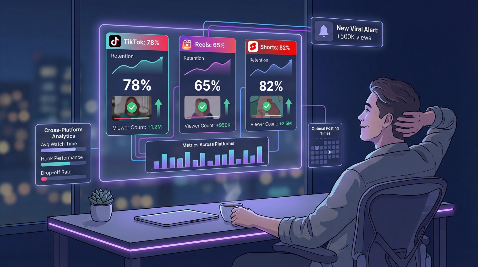 Creator confidently analyzing unified cross-platform retention metrics with rising success indicators