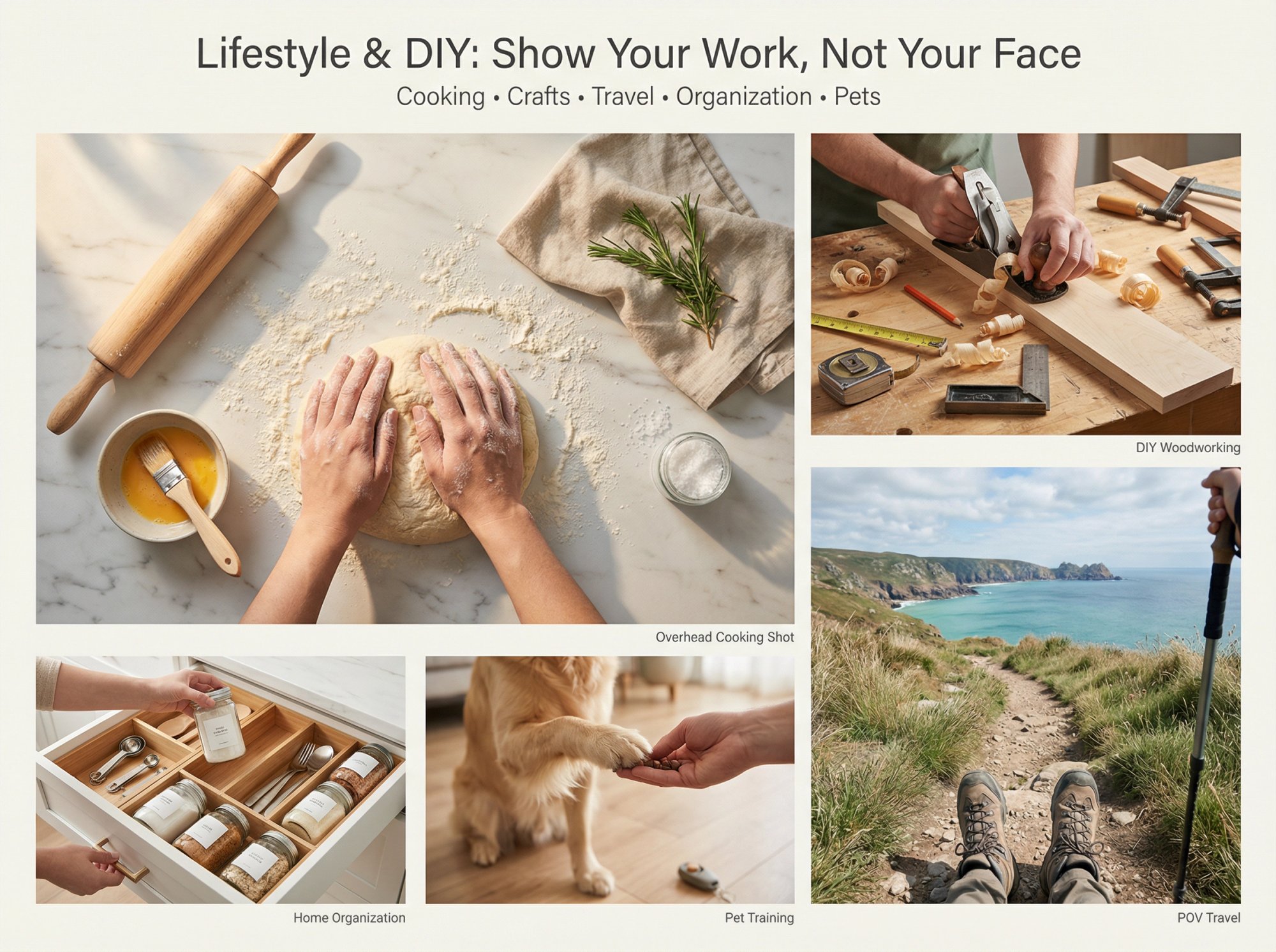 Magazine-style grid showing five faceless lifestyle activities: overhead cooking, woodworking craft, POV travel hiking, organized home drawer, and pet training